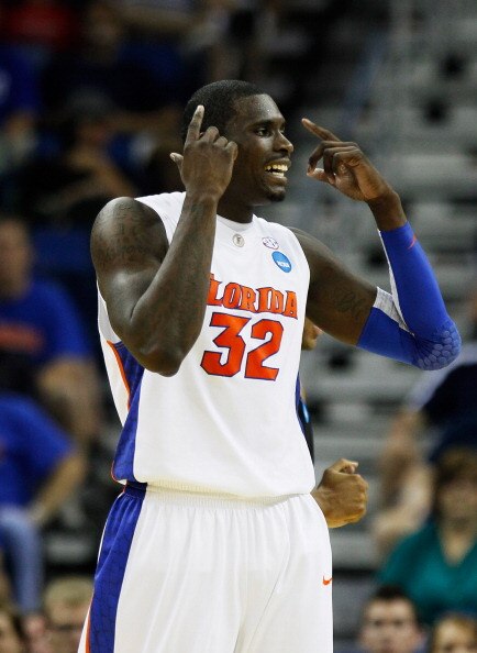 NEW ORLEANS, LA - MARCH 26:  Vernon Macklin #32 of the Florida Gators reacts during their game against the Butler Bulldogs during the Southeast regional final of the 2011 NCAA men's basketball tournament at New Orleans Arena on March 26, 2011 in New Orlea