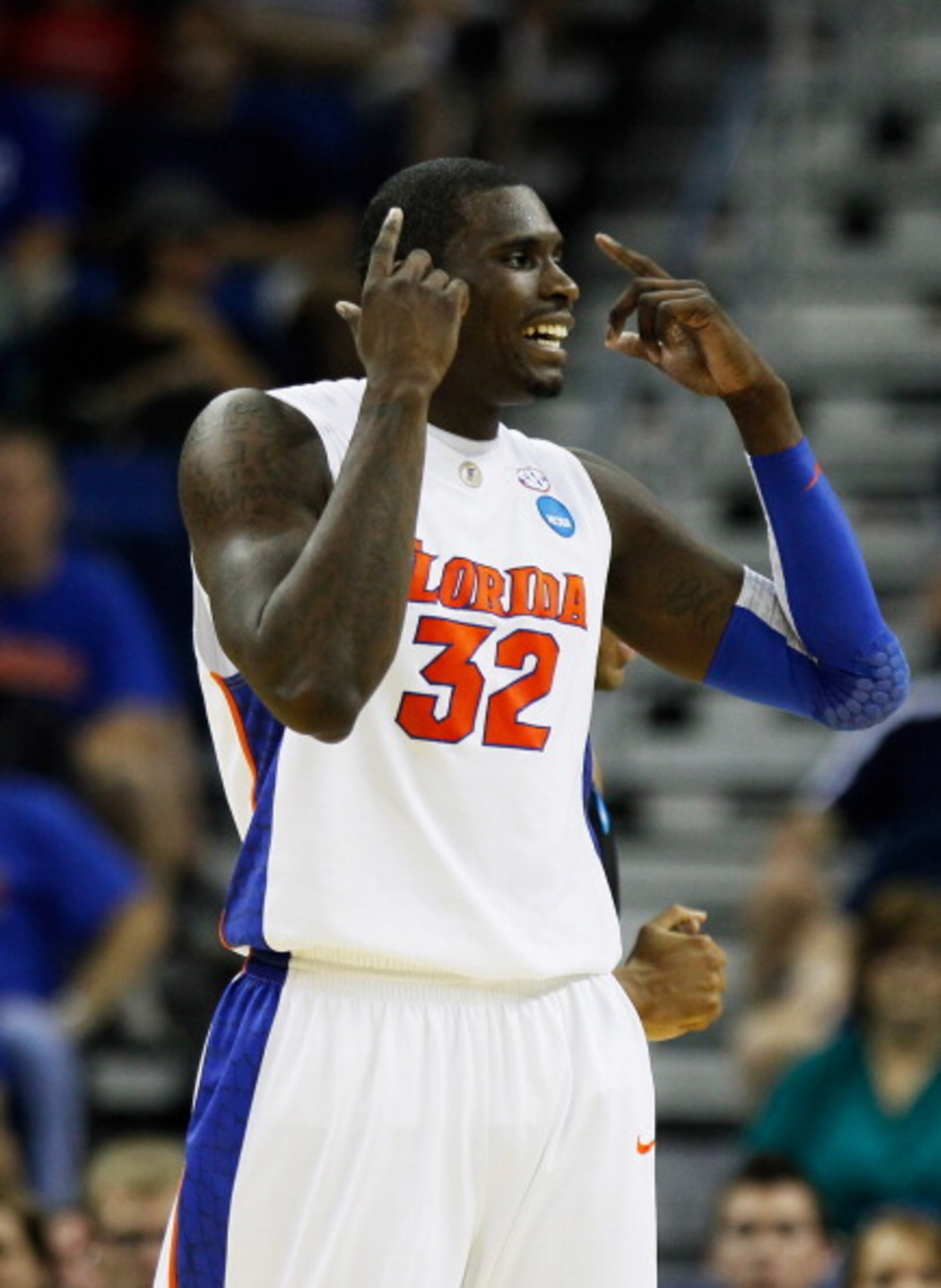 NEW ORLEANS, LA - MARCH 26:  Vernon Macklin #32 of the Florida Gators reacts during their game against the Butler Bulldogs during the Southeast regional final of the 2011 NCAA men's basketball tournament at New Orleans Arena on March 26, 2011 in New Orlea
