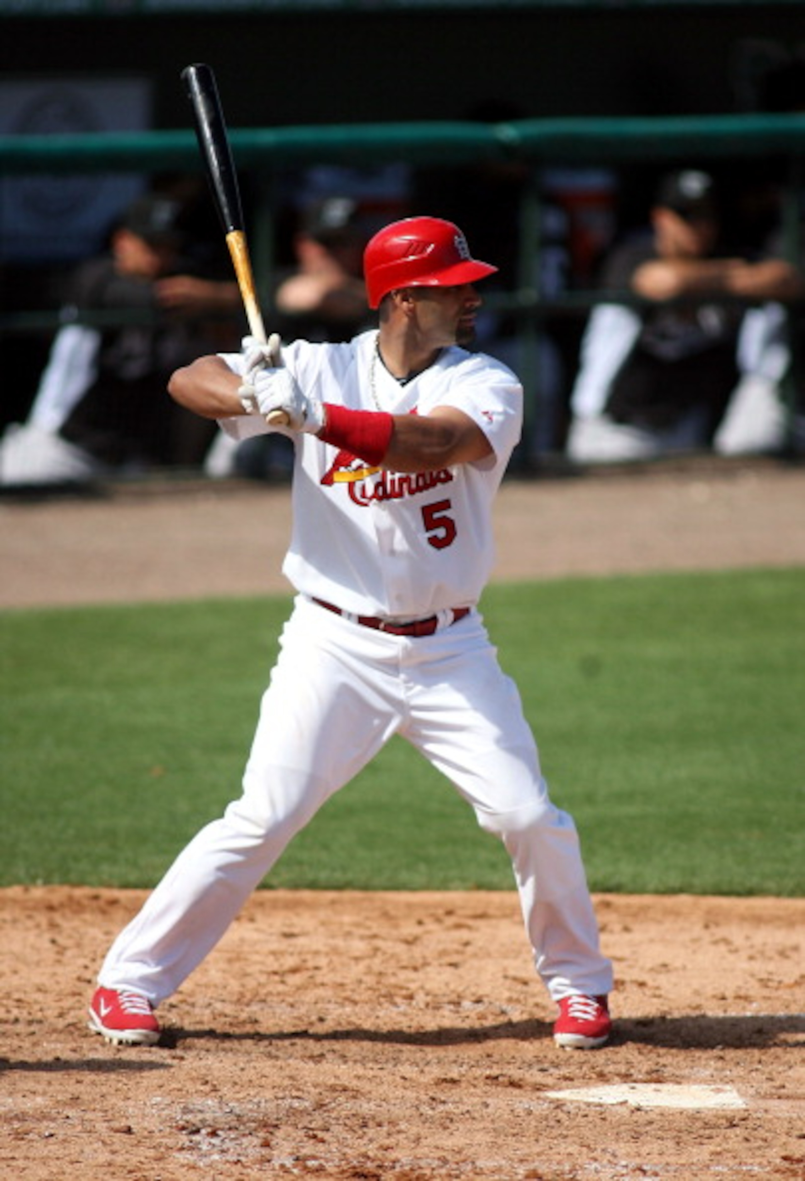 JUPITER, FL - FEBRUARY 28:  Albert Pujols #5 of the St. Louis Cardinals bats against the Florida Marlins at Roger Dean Stadium on February 28, 2011 in Jupiter, Florida.  (Photo by Marc Serota/Getty Images)