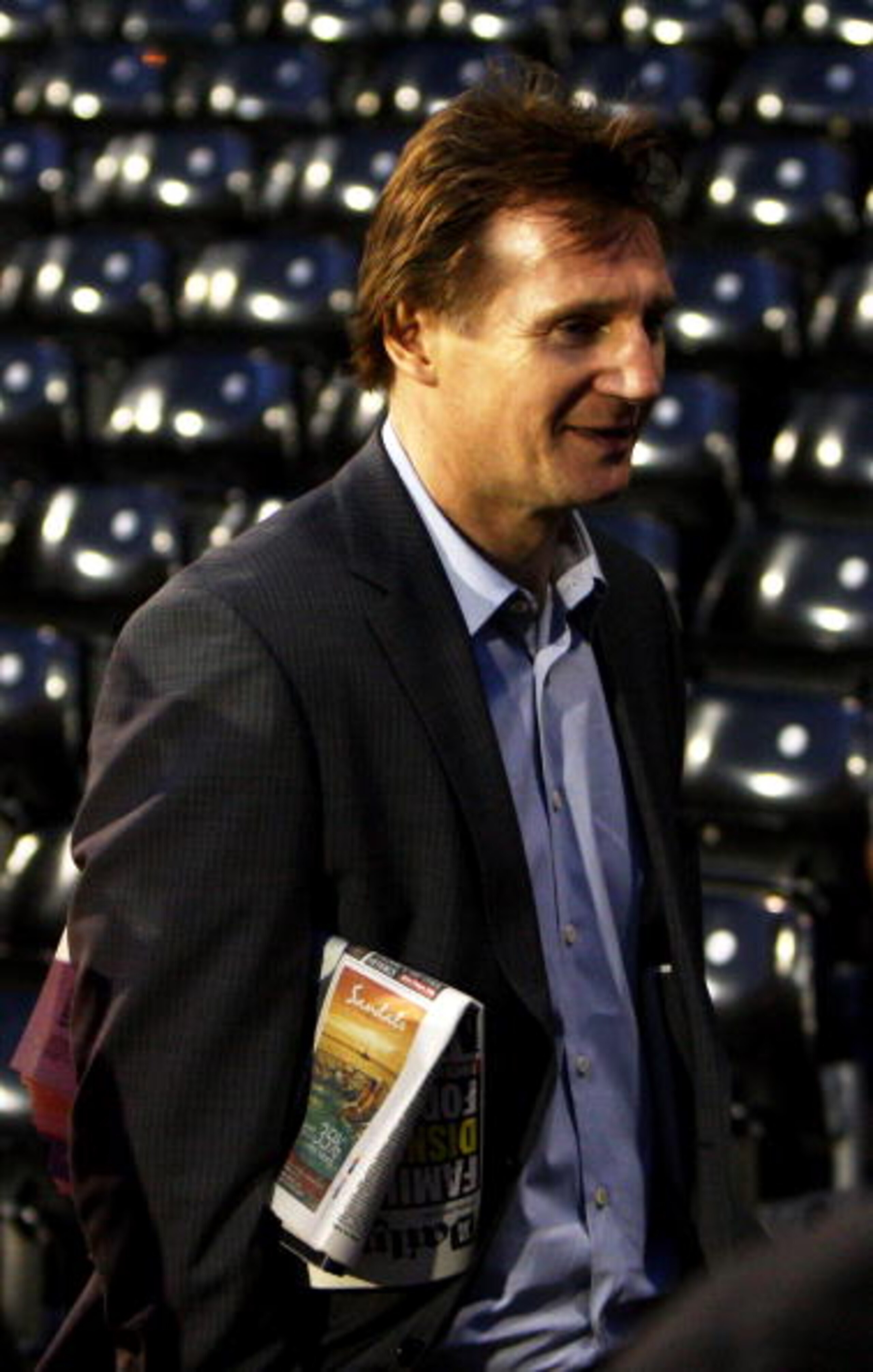 LONDON, ENGLAND - APRIL 04:  Actor Liam Neeson leaves the ground following the final whistle during the Barclays Premier League match between Fulham and Liverpool at Craven Cottage on April 4, 2009 in London, England.  (Photo by Ryan Pierse/Getty Images)