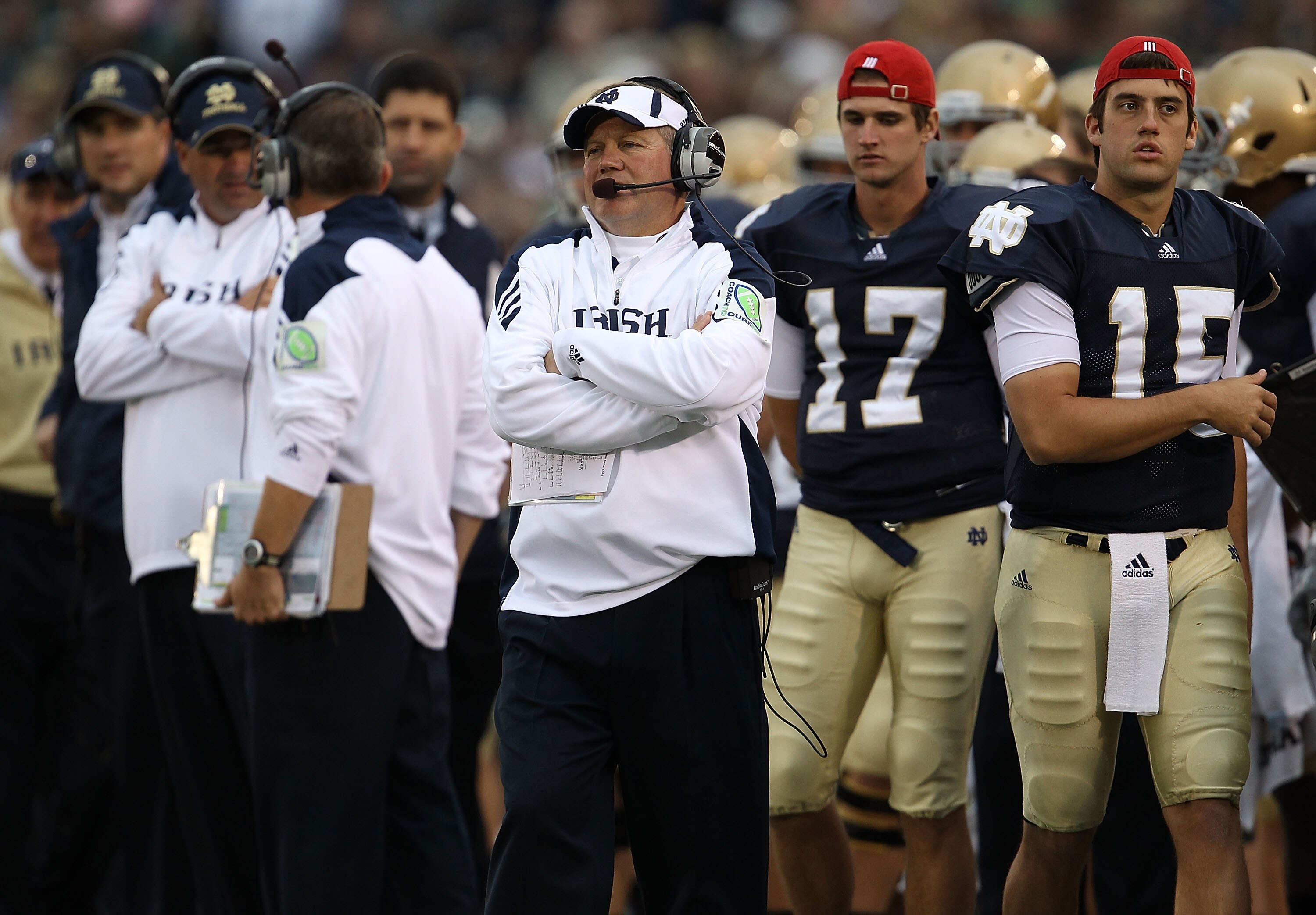 SOUTH BEND, IN - SEPTEMBER 25: Head coach Brian Kelly of the Notre Dame Fighting Irish watches as his team takes on the Stanford Cardinal at Notre Dame Stadium on September 25, 2010 in South Bend, Indiana. Stanford defeated Notre Dame 37-14.  (Photo by Jo