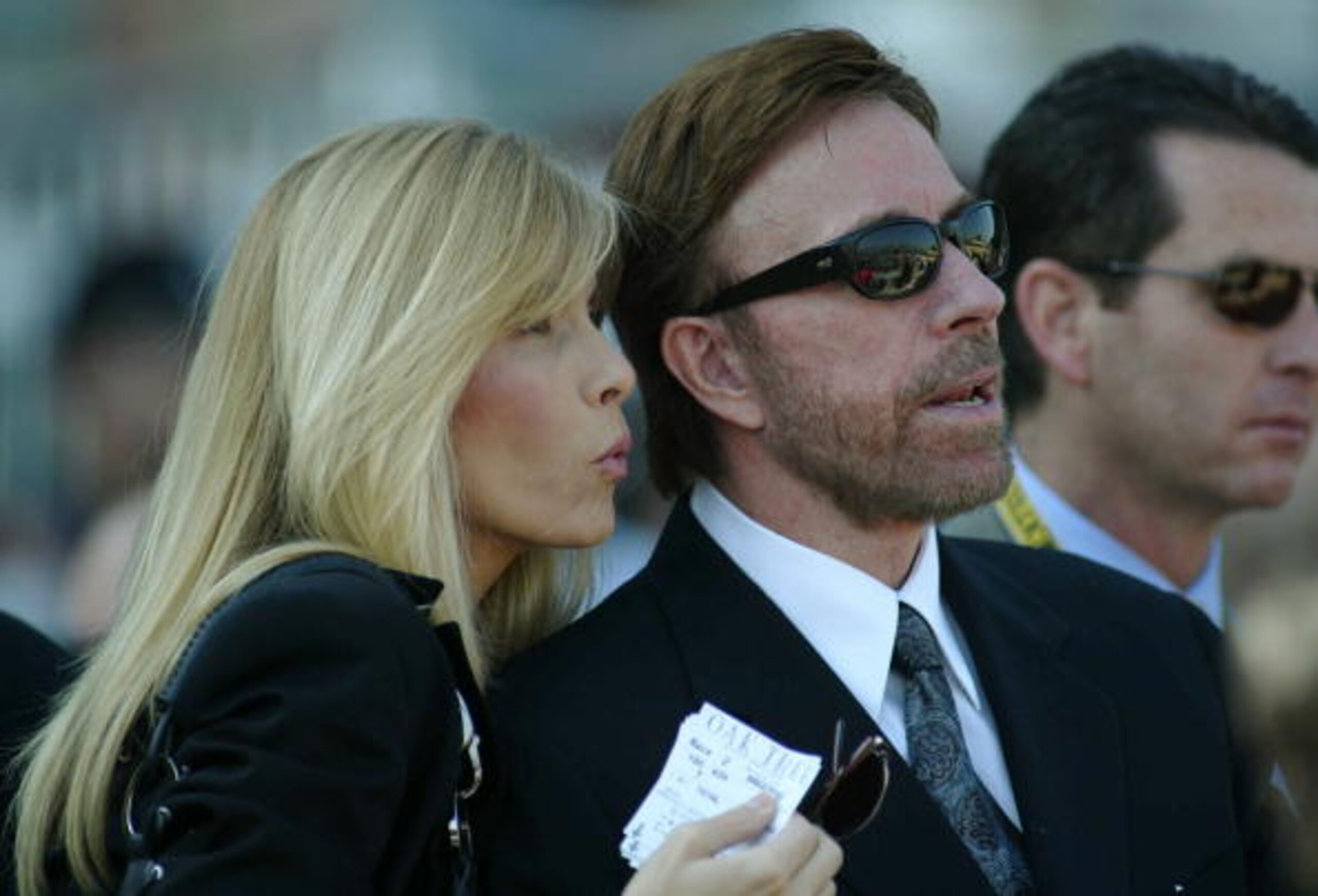 ARCADIA, CA - OCTOBER 25:  Actor Chuck Norris and wife Gena O'Kelley attend the 2003 Breeders' Cup World Thoroughbred Championships hosted by the Oak Tree Racing Association October 25, 2003 at Santa Anita Park in Arcadia, California.  (Photo by Jeff Gold