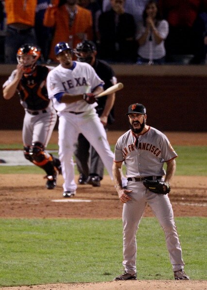 ARLINGTON, TX - NOVEMBER 01:  Brian Wilson #38 of the San Francisco Giants celebrates striking out Nelson Cruz #17 of the Texas Rangers to win the 2010 MLB World Series 3-1 at Rangers Ballpark in Arlington on November 1, 2010 in Arlington, Texas.  (Photo