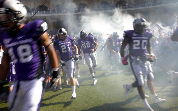 FORT WORTH, TX - OCTOBER 16:  The TCU Horned Frogs take to the field against the BYU Cougars at Amon G. Carter Stadium on October 16, 2010 in Fort Worth, Texas.  TCU beat BYU 31-3.  (Photo by Tom Pennington/Getty Images)