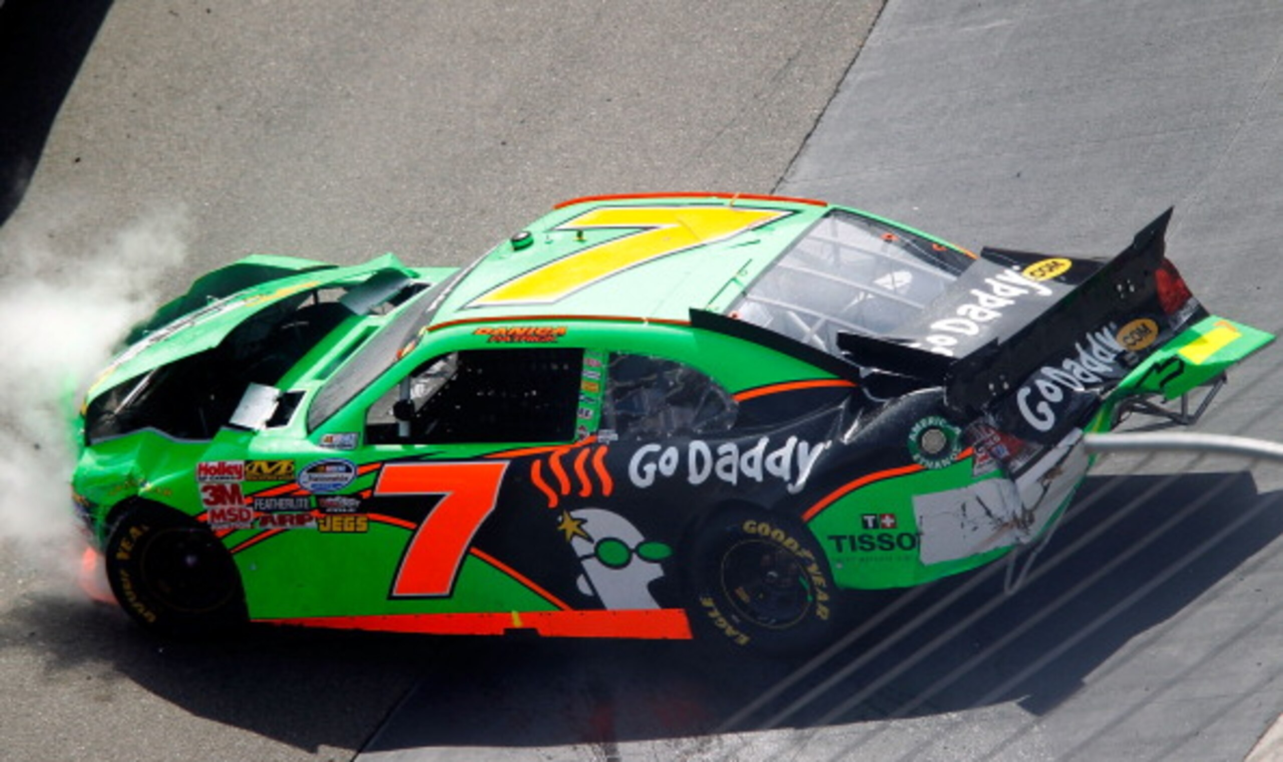 BRISTOL, TN - MARCH 19:  Danica Patrick, driver of the #7 GoDaddy.com Chevrolet, spins out down the track after an incident in the NASCAR Nationwide Series Scotts EZ Seed 300 at Bristol Motor Speedway on March 19, 2011 in Bristol, Tennessee.  (Photo by Ge