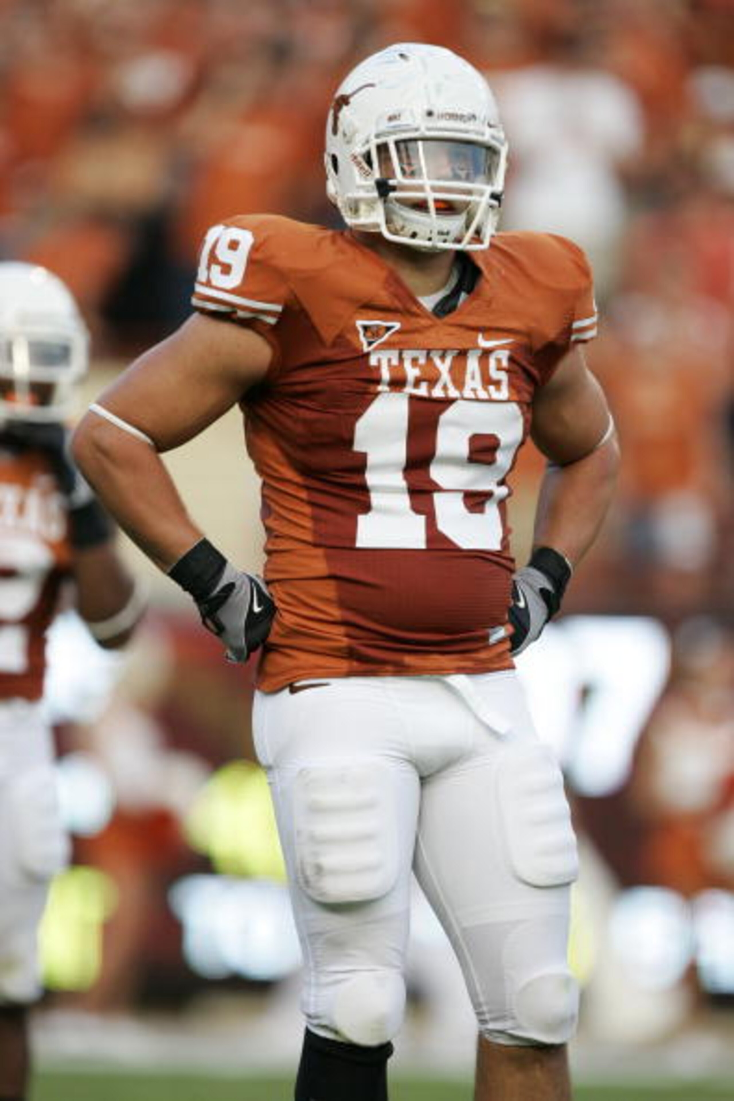 AUSTIN, TX - SEPTEMBER 20:  Blaine Irby #18 of the Texas Longhorns looks on during the game against the Rice Owls on September 20, 2008 at Darrell K Royal-Texas Memorial Stadium in Austin, Texas. Texas won 52-10. (Photo by Brian Bahr/Getty Images)