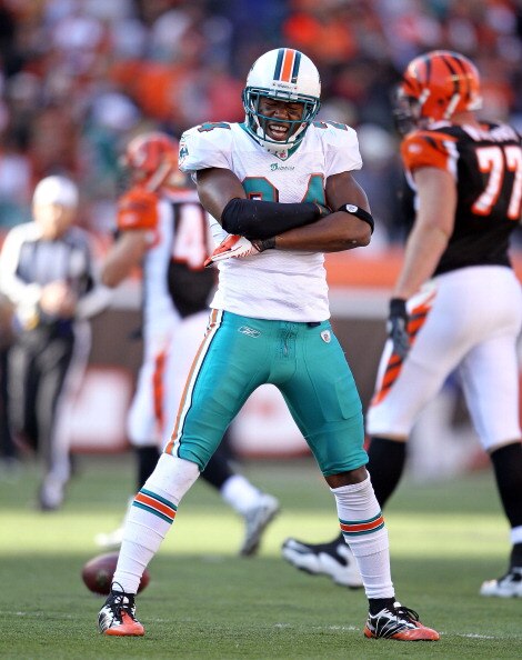 CINCINNATI - OCTOBER 31:  Sean Smith #24 of the Miami Dolphins celebrates after intercepting a pass during the NFL game against the Cincinnati Bengals at Paul Brown Stadium on October 31, 2010 in Cincinnati, Ohio.  (Photo by Andy Lyons/Getty Images)