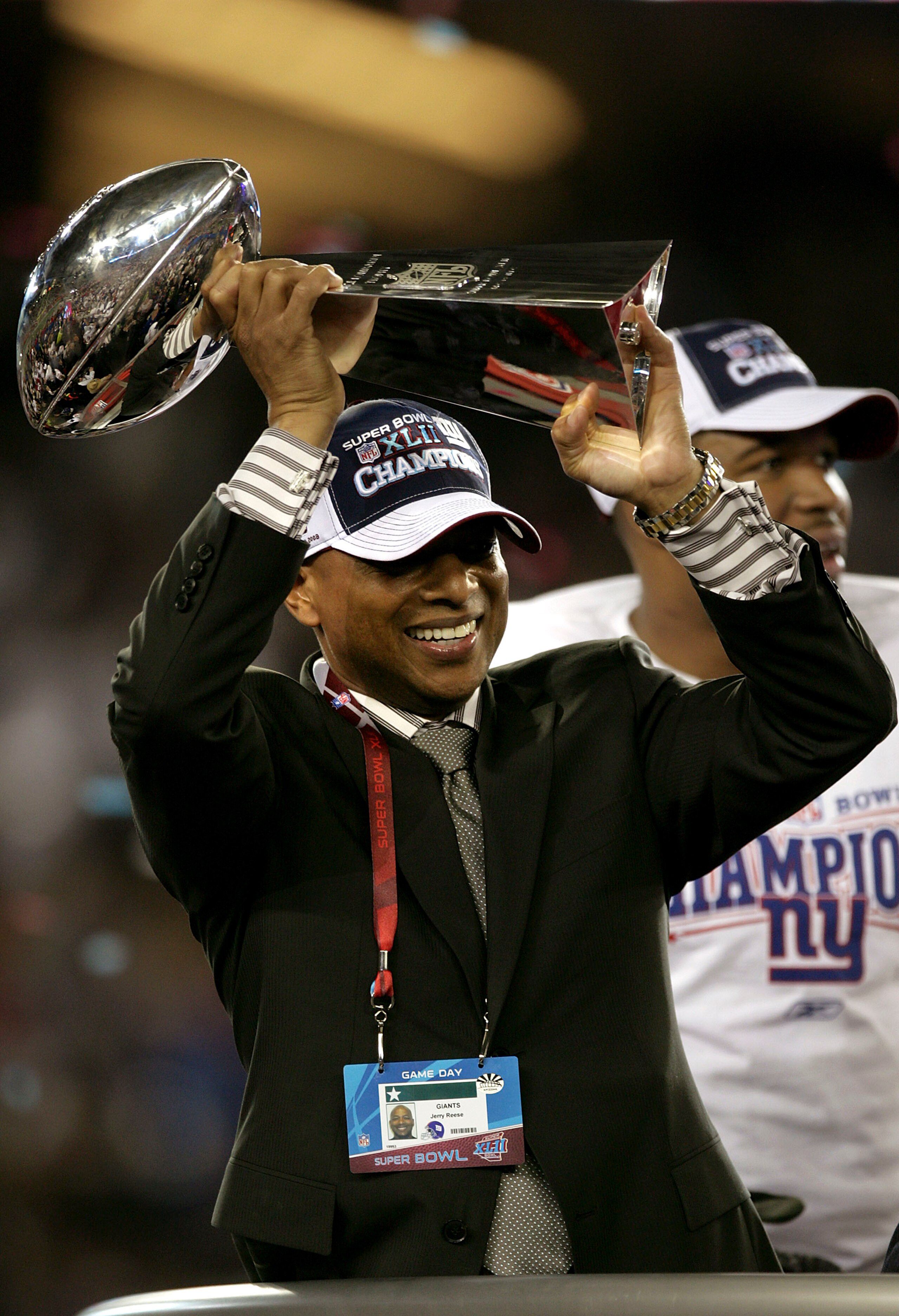 GLENDALE, AZ - FEBRUARY 03: General Manager Jerry Reese of the New York Giants holds the Vince Lombardi Trophy after defeating the New England Patriots 17-14 in Super Bowl XLII on February 3, 2008 at the University of Phoenix Stadium in Glendale, Arizona GLENDALE, AZ - FEBRUARY 03: General Manager Jerry Reese of the New York Giants holds the Vince Lombardi Trophy after defeating the New England Patriots 17-14 in Super Bowl XLII on February 3, 2008 at the University of Phoenix Stadium in Glendale, Arizona