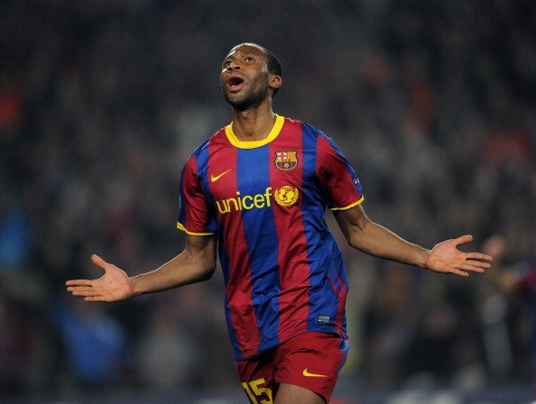 BARCELONA, SPAIN - APRIL 06:  Seydou Keita of Barcelona celebrates scoring during the UEFA Champions League quarter final first leg match between Barcelona and Shakhtar Donetsk at the Camp Nou stadium on April 6, 2011 in Barcelona, Spain.  (Photo by Jaspe