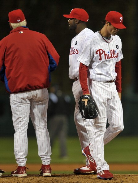 PHILADELPHIA, PA - APRIL 05: Starting pitcher Cole Hamels #35 of the Philadelphia Phillies walks from the mound after being pulled from the game by manager Charlie Manuel in the third inning during the game against the New York Mets at Citizens Bank Park