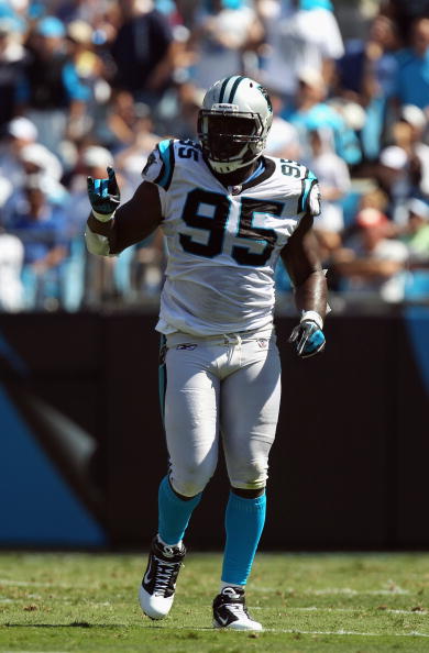 CHARLOTTE, NC - SEPTEMBER 19:  Charles Johnson #95 of the Carolina Panthers during their game at Bank of America Stadium on September 19, 2010 in Charlotte, North Carolina.  (Photo by Streeter Lecka/Getty Images)