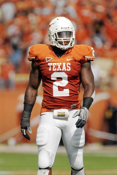 AUSTIN, TX - NOVEMBER 07:  Linebacker Sergio Kindle #2 of the Texas Longhorns defends against the UCF Knights on November 7, 2009 at Darrell K Royal - Texas Memorial Stadium in Austin, Texas.  Texas won 35-3.  (Photo by Brian Bahr/Getty Images)