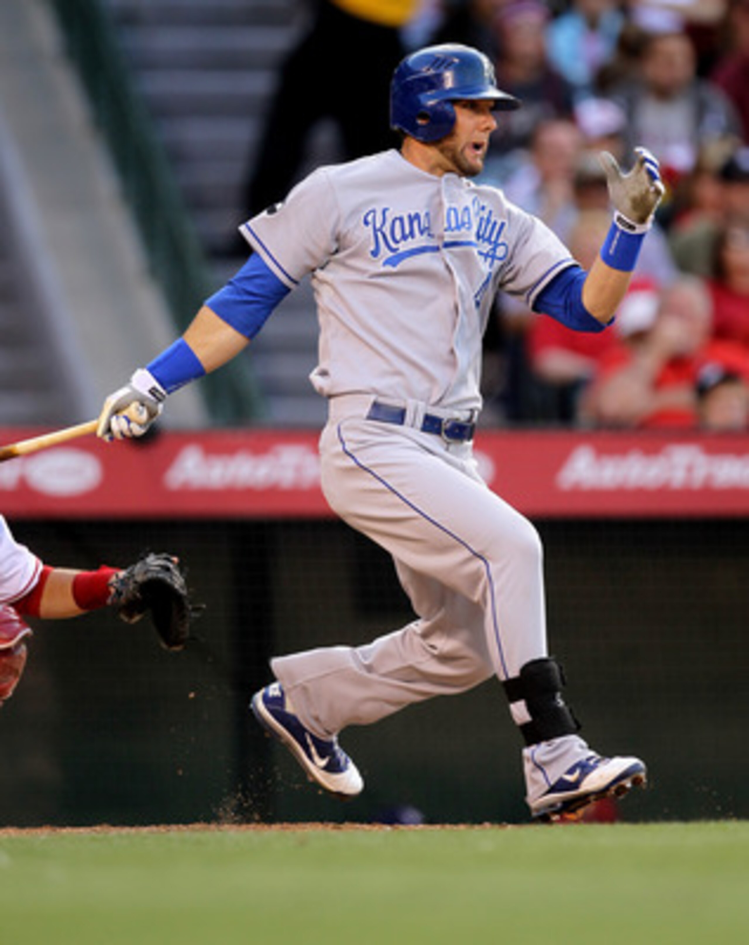 ANAHEIM, CA - JUNE 11: Alex Gordon #4 of the Kansas City Royals grounds out but picks up an RBI in the third inning against the Los Angeles Angels of Anaheim on June 11, 2011 at Angel Stadium in Anaheim, California.  (Photo by Stephen Dunn/Getty Images)
