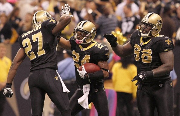 NEW ORLEANS - OCTOBER 31: Leigh Torrence #24 of the New Orleans Saints celebrates a game-sealing interception against the Pittsburgh Steelers at the Louisiana Superdome on October 31, 2010 in New Orleans, Louisiana. (Photo by Matthew Sharpe/Getty Images)