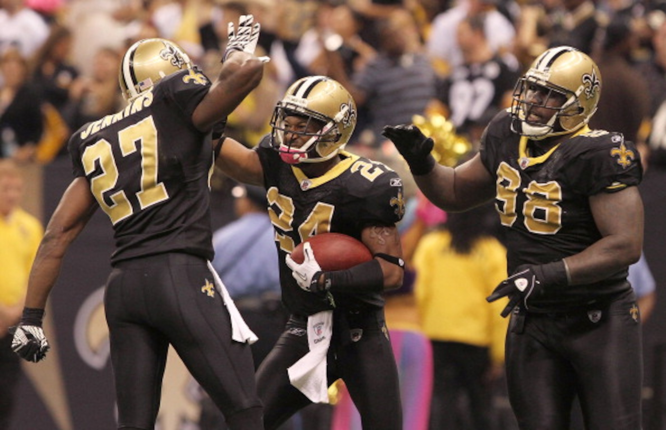 NEW ORLEANS - OCTOBER 31: Leigh Torrence #24 of the New Orleans Saints celebrates a game-sealing interception against the Pittsburgh Steelers at the Louisiana Superdome on October 31, 2010 in New Orleans, Louisiana. (Photo by Matthew Sharpe/Getty Images)