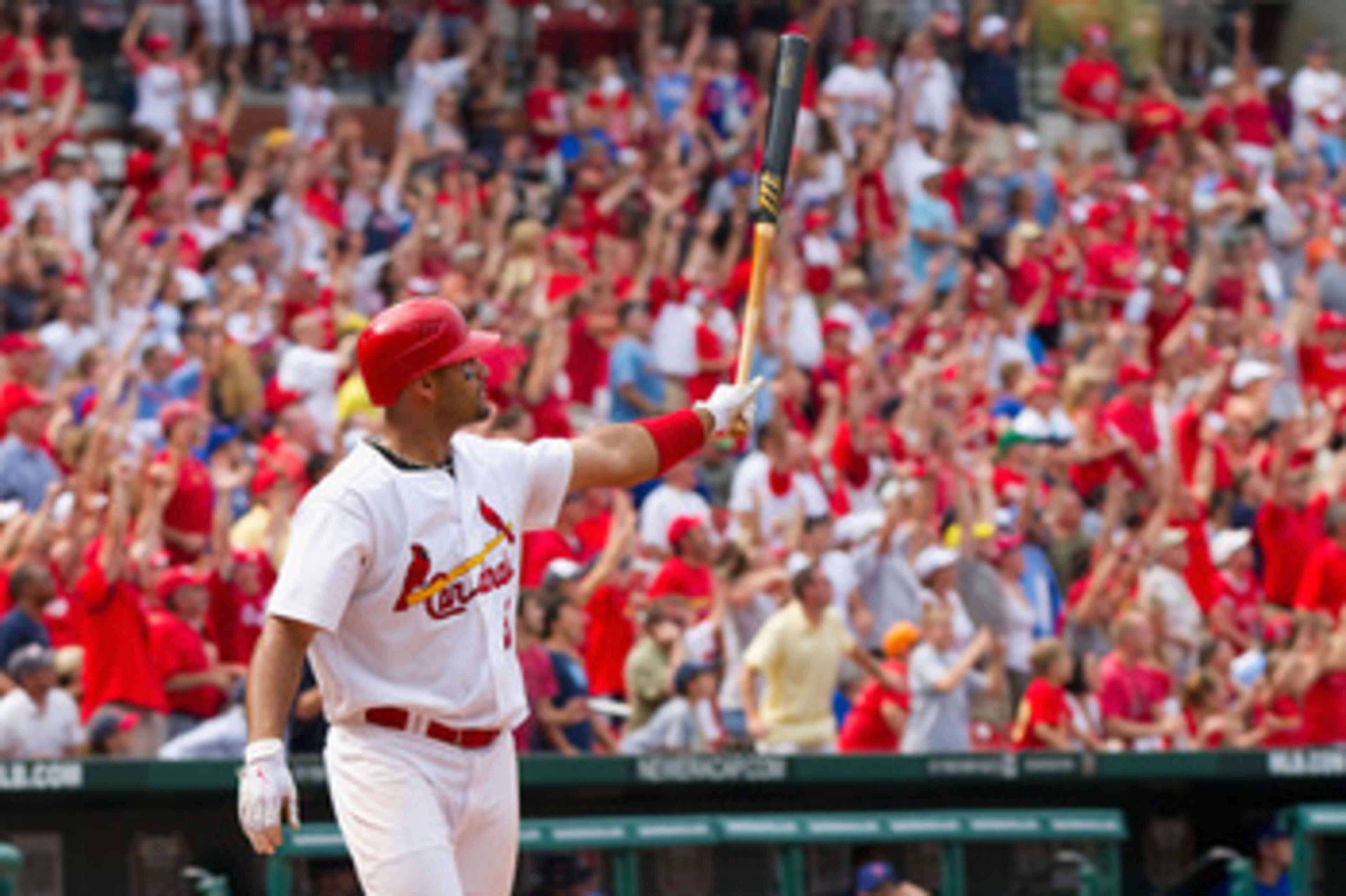 ST. LOUIS, MO - JUNE 5: Albert Pujols #5 of the St. Louis Cardinals watches his walk-off home run against the Chicago Cubs leave the field at Busch Stadium on June 5, 2011 in St. Louis, Missouri.  The Cardinals beat the Cubs 3-2 in 10 innings.  (Photo by
