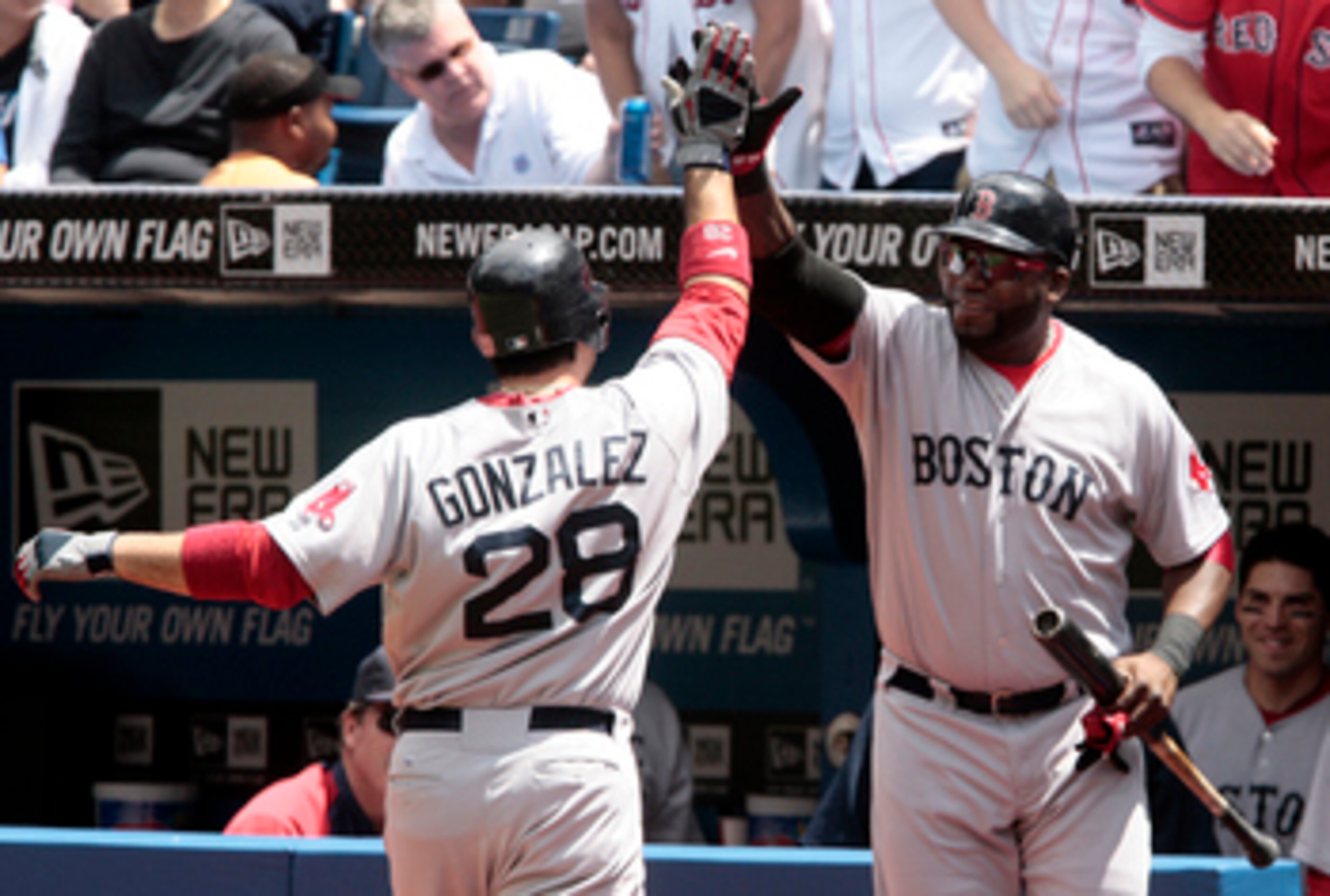 TORONTO, CANADA - JUNE 12:  Adrian Gonzalez #28 and David Ortiz #34 of the Boston Red Sox celebrate a home run during MLB action against the Toronto Blue Jays at The Rogers Centre June 12, 2011 in Toronto, Ontario, Canada. (Photo by Abelimages/Getty Image