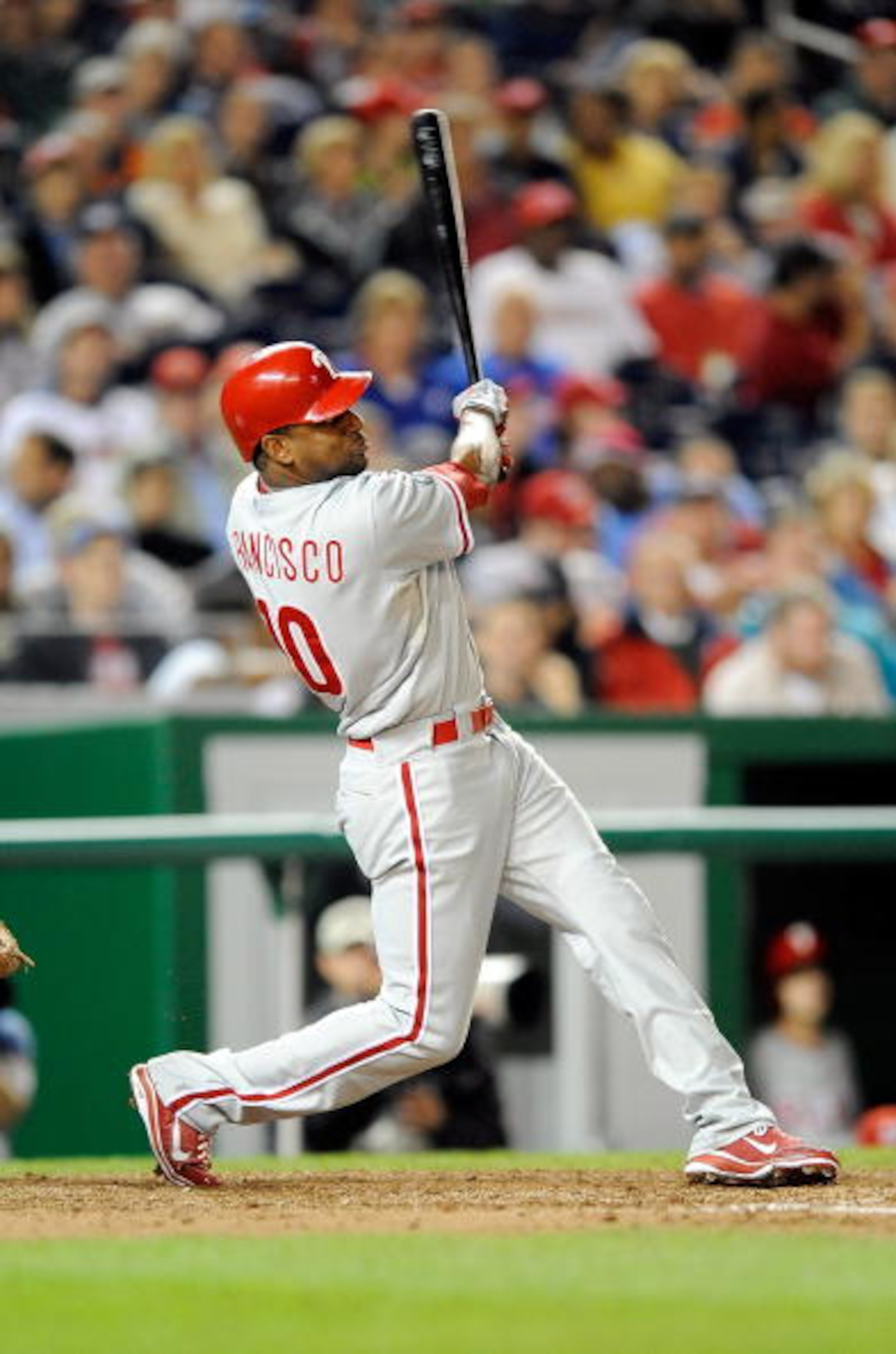WASHINGTON - SEPTEMBER 29: Ben Francisco #10 of the Philadelphia Phillies hits a home run in the fifth inning against the Washington Nationals at Nationals Park on September 29, 2010 in Washington, DC. (Photo by Greg Fiume/Getty Images) WASHINGTON - SEPTEMBER 29: Ben Francisco #10 of the Philadelphia Phillies hits a home run in the fifth inning against the Washington Nationals at Nationals Park on September 29, 2010 in Washington, DC. (Photo by Greg Fiume/Getty Images)