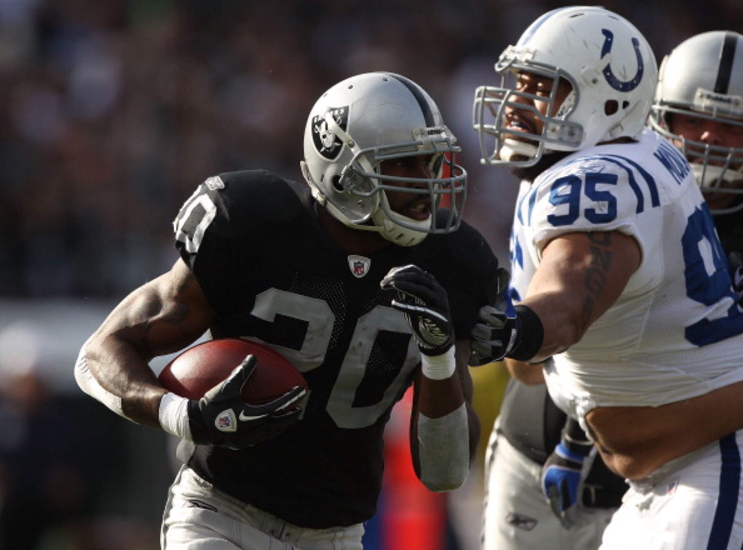 OAKLAND, CA - DECEMBER 26: Darren McFadden #20 of the Oakland Raiders runs against Fili Moala #95 of the Indianapolis Colts during an NFL game at Oakland-Alameda County Coliseum on December 26, 2010 in Oakland, California. (Photo by Jed Jacobsohn/Getty OAKLAND, CA - DECEMBER 26: Darren McFadden #20 of the Oakland Raiders runs against Fili Moala #95 of the Indianapolis Colts during an NFL game at Oakland-Alameda County Coliseum on December 26, 2010 in Oakland, California. (Photo by Jed Jacobsohn/Getty