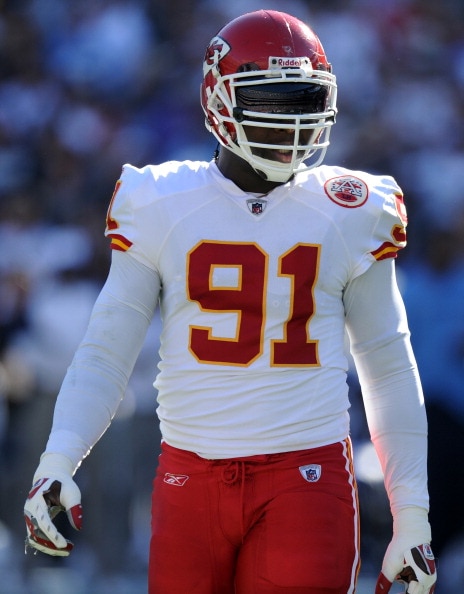 SAN DIEGO, CA - DECEMBER 12:  Tamba Hali #91 of the Kansas City Chiefs waits at the line of scrimmage against the San Diego Chargers at Qualcomm Stadium on December 12, 2010 in San Diego, California.  (Photo by Harry How/Getty Images)