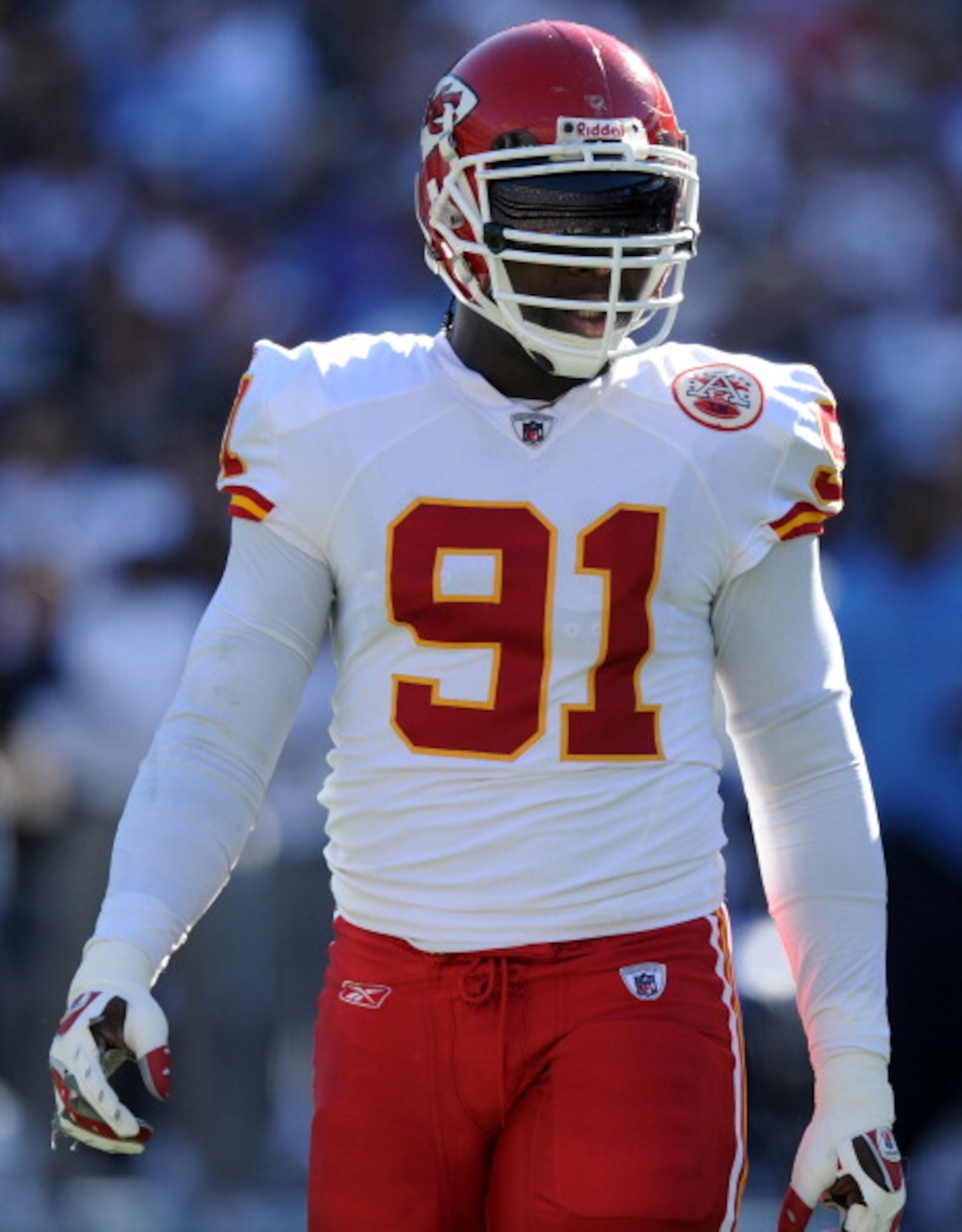 SAN DIEGO, CA - DECEMBER 12:  Tamba Hali #91 of the Kansas City Chiefs waits at the line of scrimmage against the San Diego Chargers at Qualcomm Stadium on December 12, 2010 in San Diego, California.  (Photo by Harry How/Getty Images)