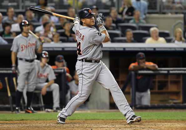 NEW YORK - AUGUST 18:  Miguel Cabrera #24 of the Detroit Tigers hits his second solo home run against the New York Yankees at Yankee Stadium on August 18, 2010 in the Bronx borough of New York City.  (Photo by Nick Laham/Getty Images)