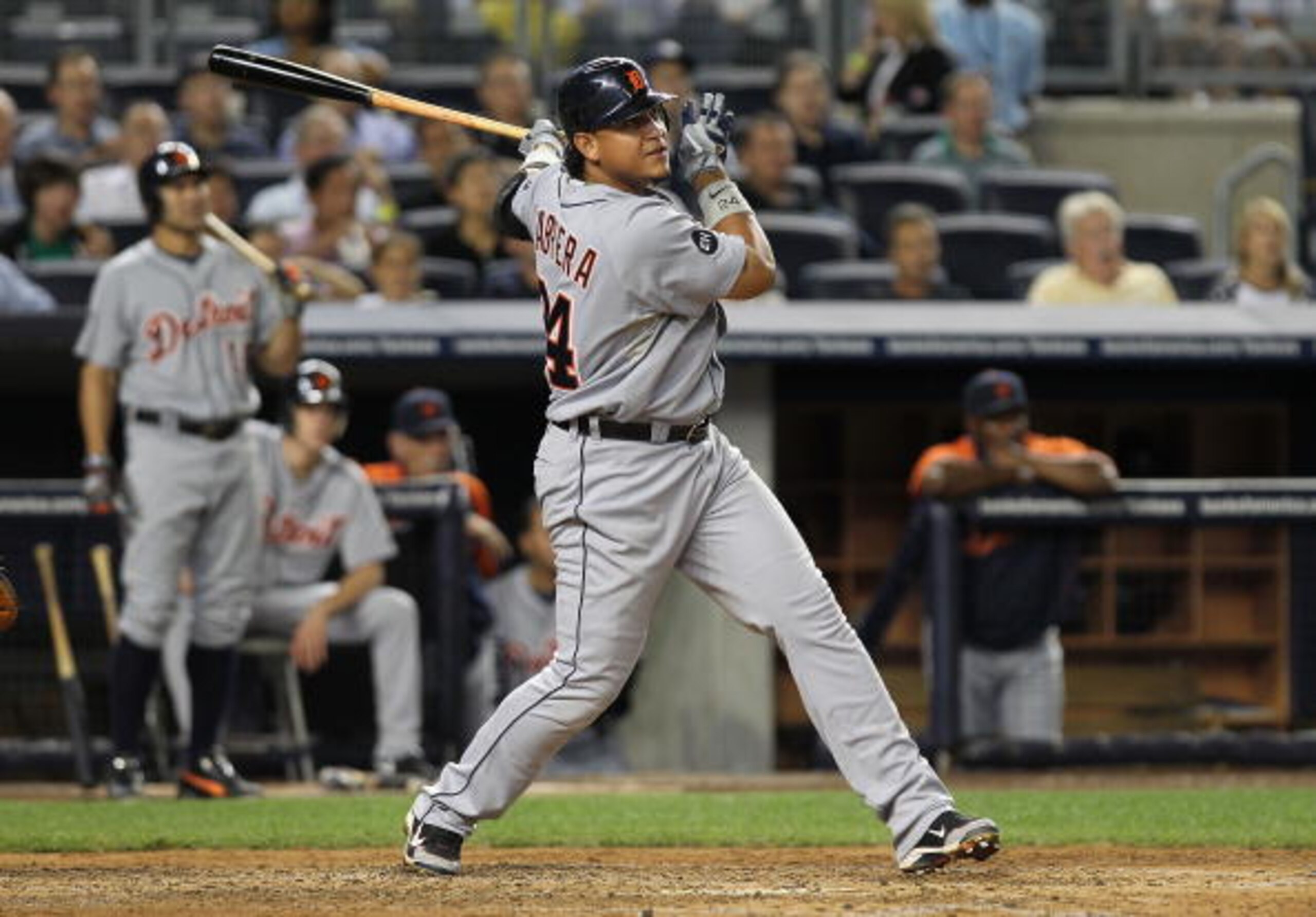 NEW YORK - AUGUST 18:  Miguel Cabrera #24 of the Detroit Tigers hits his second solo home run against the New York Yankees at Yankee Stadium on August 18, 2010 in the Bronx borough of New York City.  (Photo by Nick Laham/Getty Images)