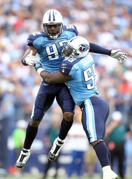 NASHVILLE, TN - OCTOBER 24: Will Witherspoon #92 and Stephen Tulloch #55 of the Tennessee Titans celebrates in the fourth quarter during the NFL game against the Philadelphia Eagles at LP Field on October 24, 2010 in Nashville, Tennessee. The Titans won 3