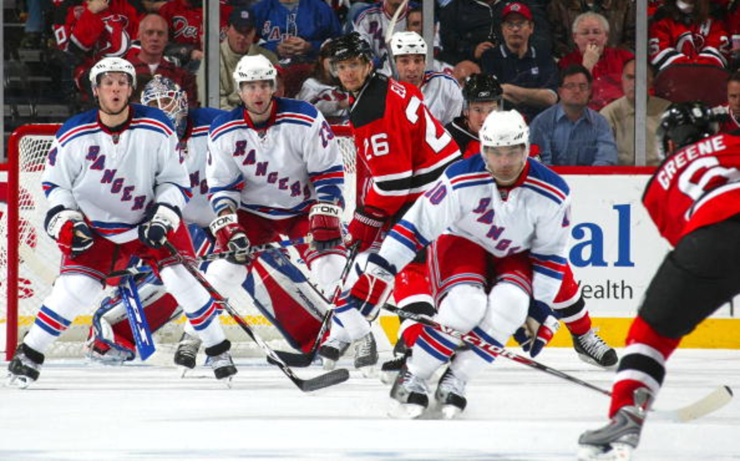NEWARK, NJ - APRIL 09: Ryan Callahan #24, Chris Drury #13 and Nigel Dawes #10 of the New York Rangers look to block a shot by Andy Greene #6 of the New Jersey Devils on April 9, 2008 during game one of the 2008 NHL conference quarter-final series at the P