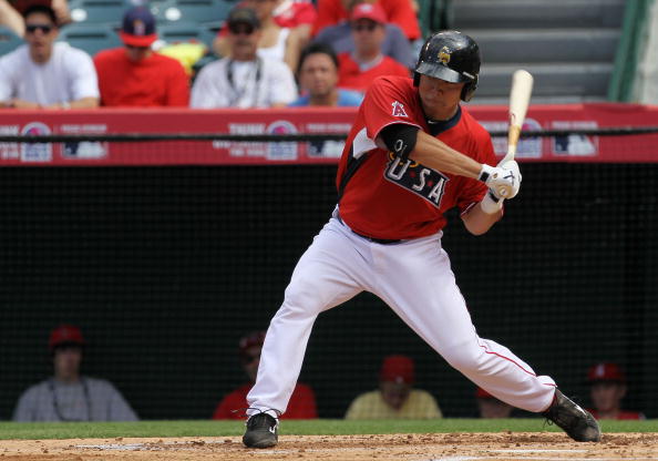 ANAHEIM, CA - JULY 11:  U.S. Futures All-Star Hank Conger #24 of the Los Angeles Angels of Anaheim at bat during the 2010 XM All-Star Futures Game at Angel Stadium of Anaheim on July 11, 2010 in Anaheim, California.  (Photo by Stephen Dunn/Getty Images)