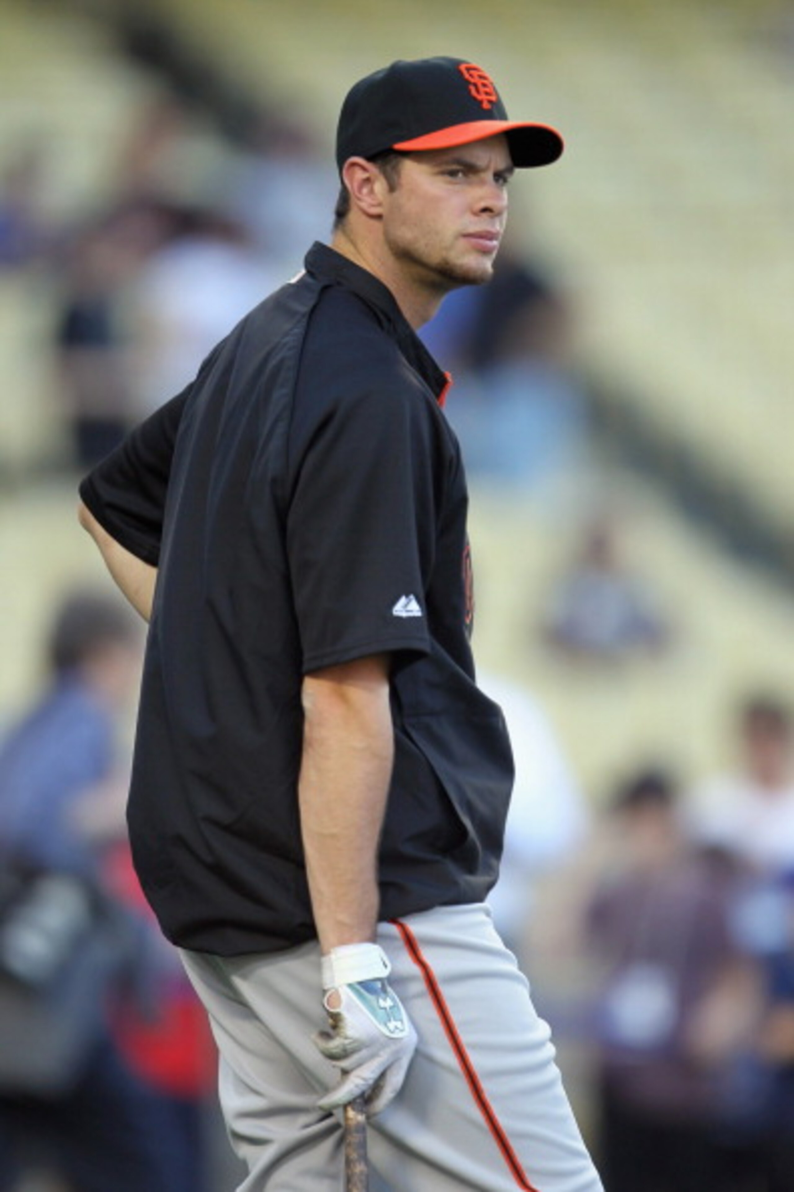 LOS ANGELES, CA - APRIL 01:  Brandon Belt #9 of the San Francisco Giants looks on prior to the start of the game against the Los Angeles Dodgers at Dodger Stadium on April 1, 2011 in Los Angeles, California.  (Photo by Jeff Gross/Getty Images)