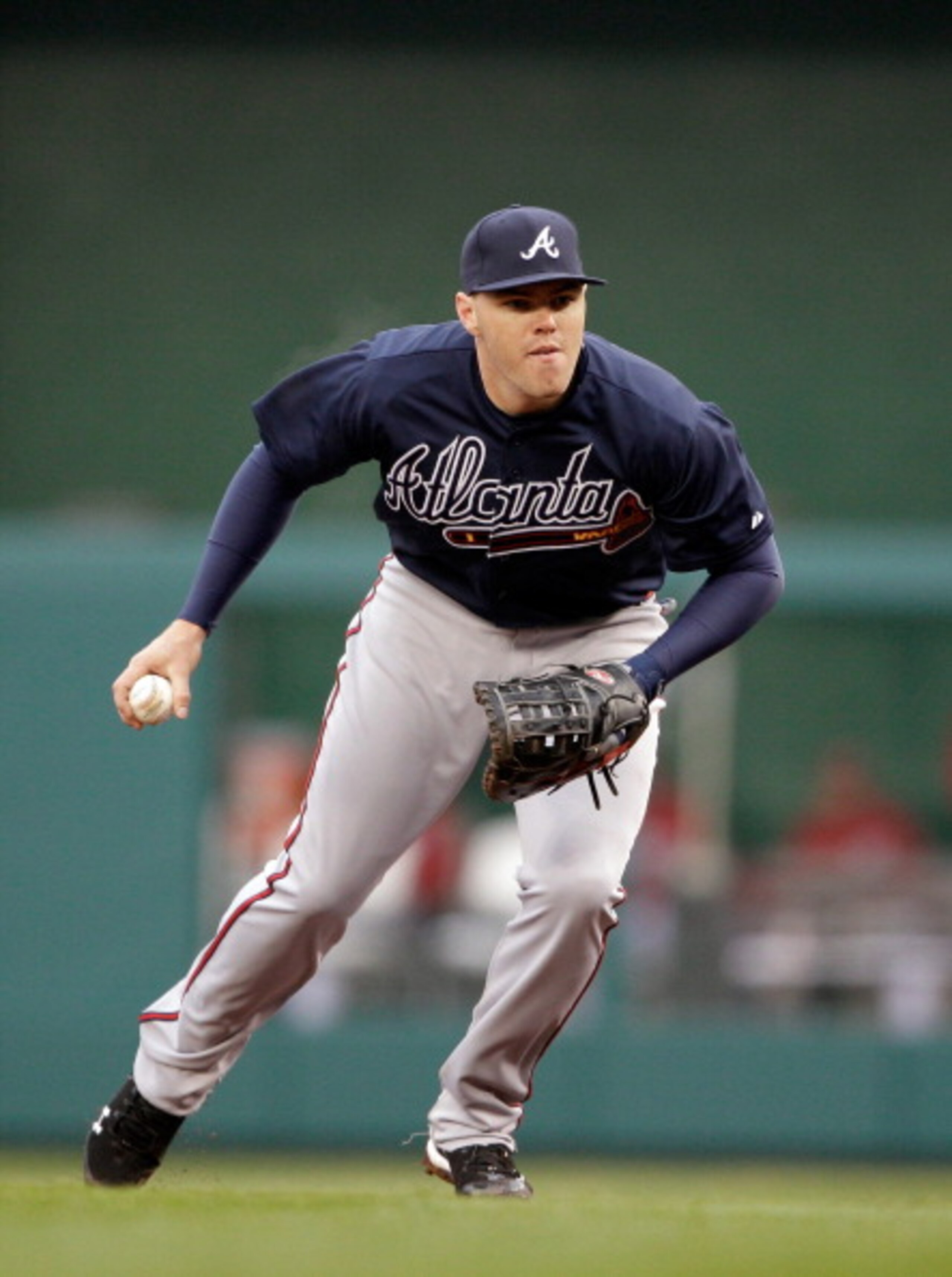 WASHINGTON, DC - MARCH 31:  First baseman Freddie Freeman #5 of the Atlanta Braves against the Washington Nationals at Nationals Park on March 31, 2011 in Washington, DC.  (Photo by Rob Carr/Getty Images)