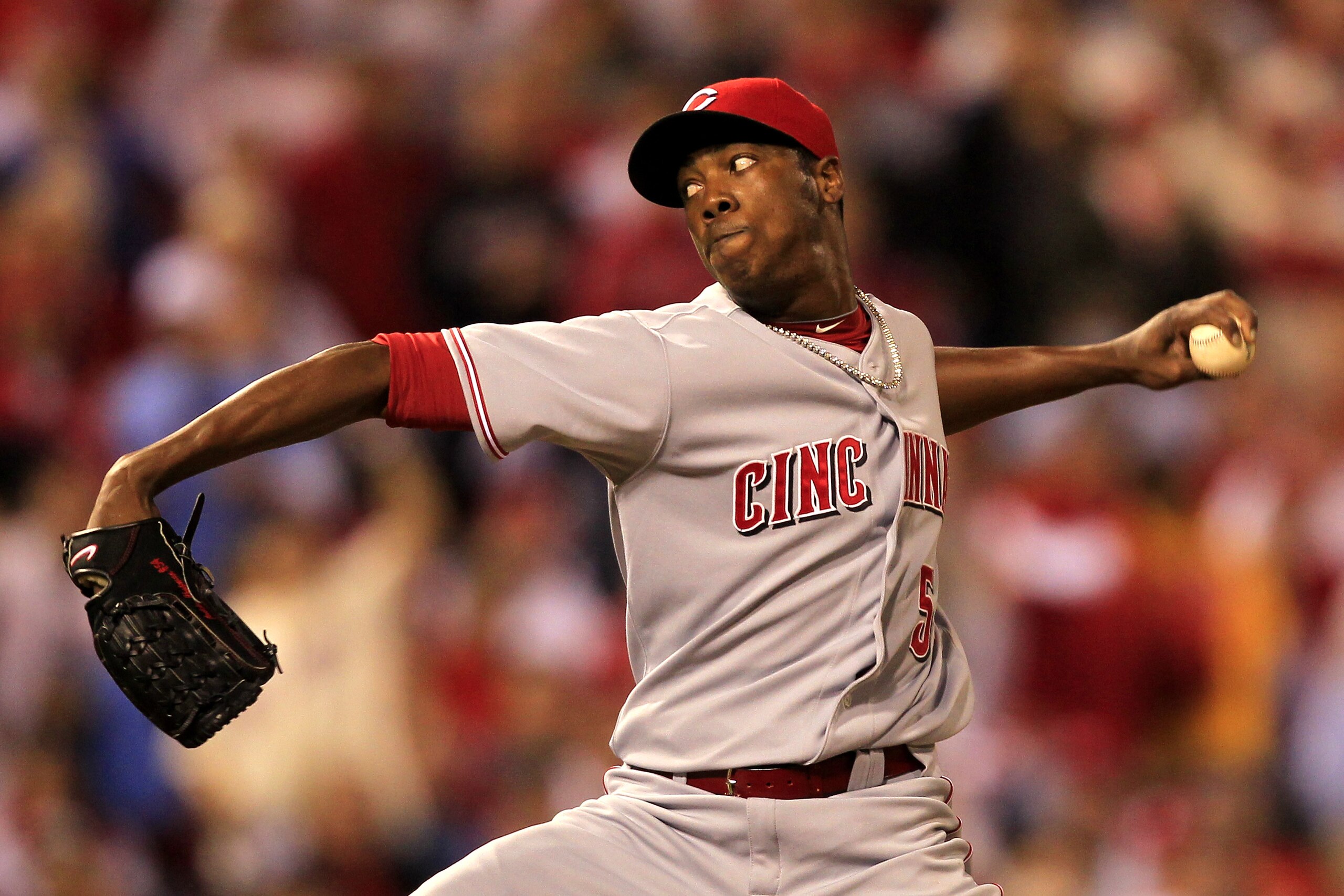 PHILADELPHIA - OCTOBER 08: Aroldis Chapman #54 of the Cincinnati Reds pitches against the Philadelphia Phillies in game 2 of the NLDS at Citizens Bank Park on October 8, 2010 in Philadelphia, Pennsylvania. The Phillies defeated the Reds 7-4.  (Photo by Ch