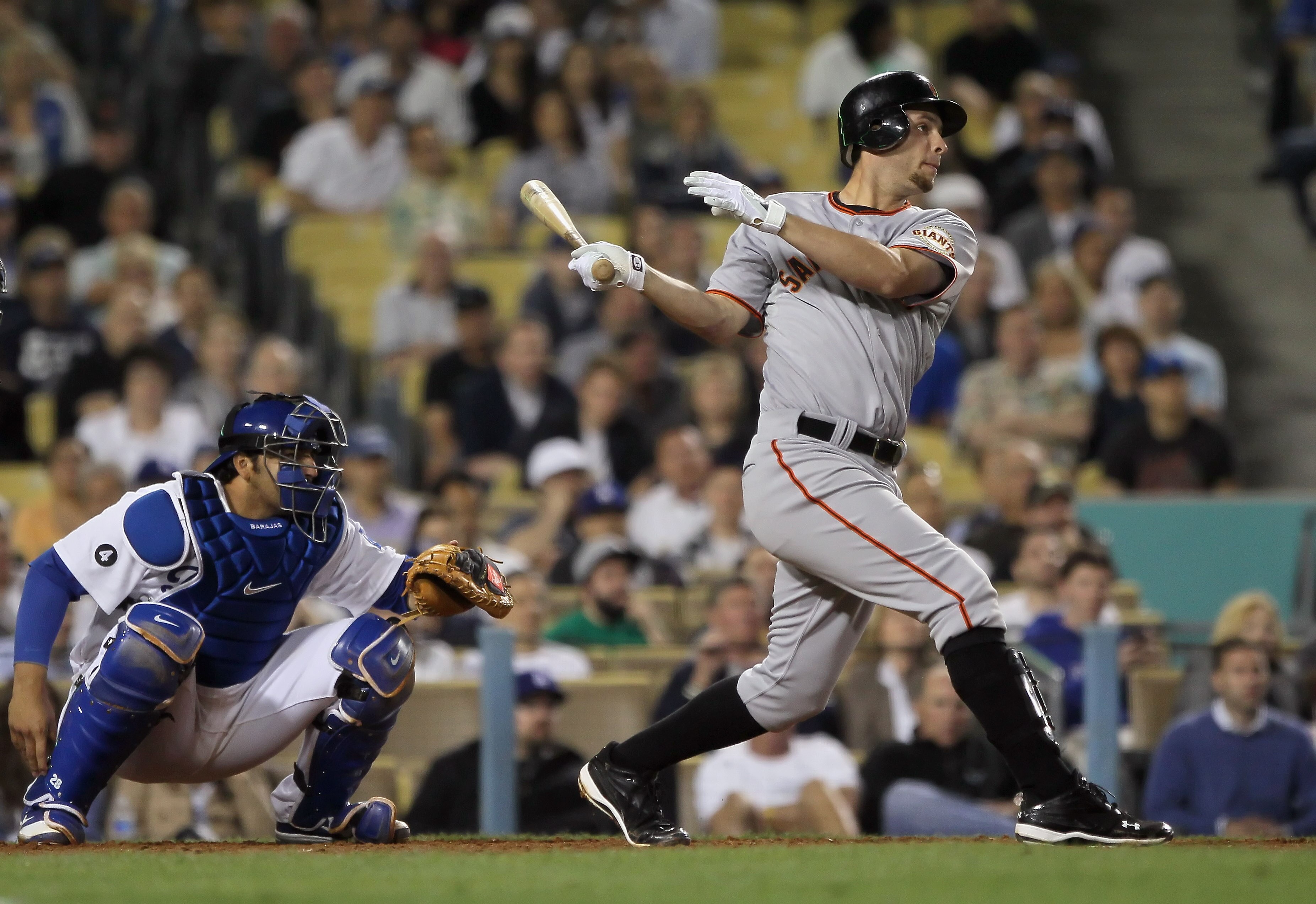 LOS ANGELES, CA - APRIL 01:  Brandon Belt #9 of the San Francisco Giants bats against the Los Angeles Dodgers at Dodger Stadium on April 1, 2011 in Los Angeles, California.  (Photo by Jeff Gross/Getty Images)