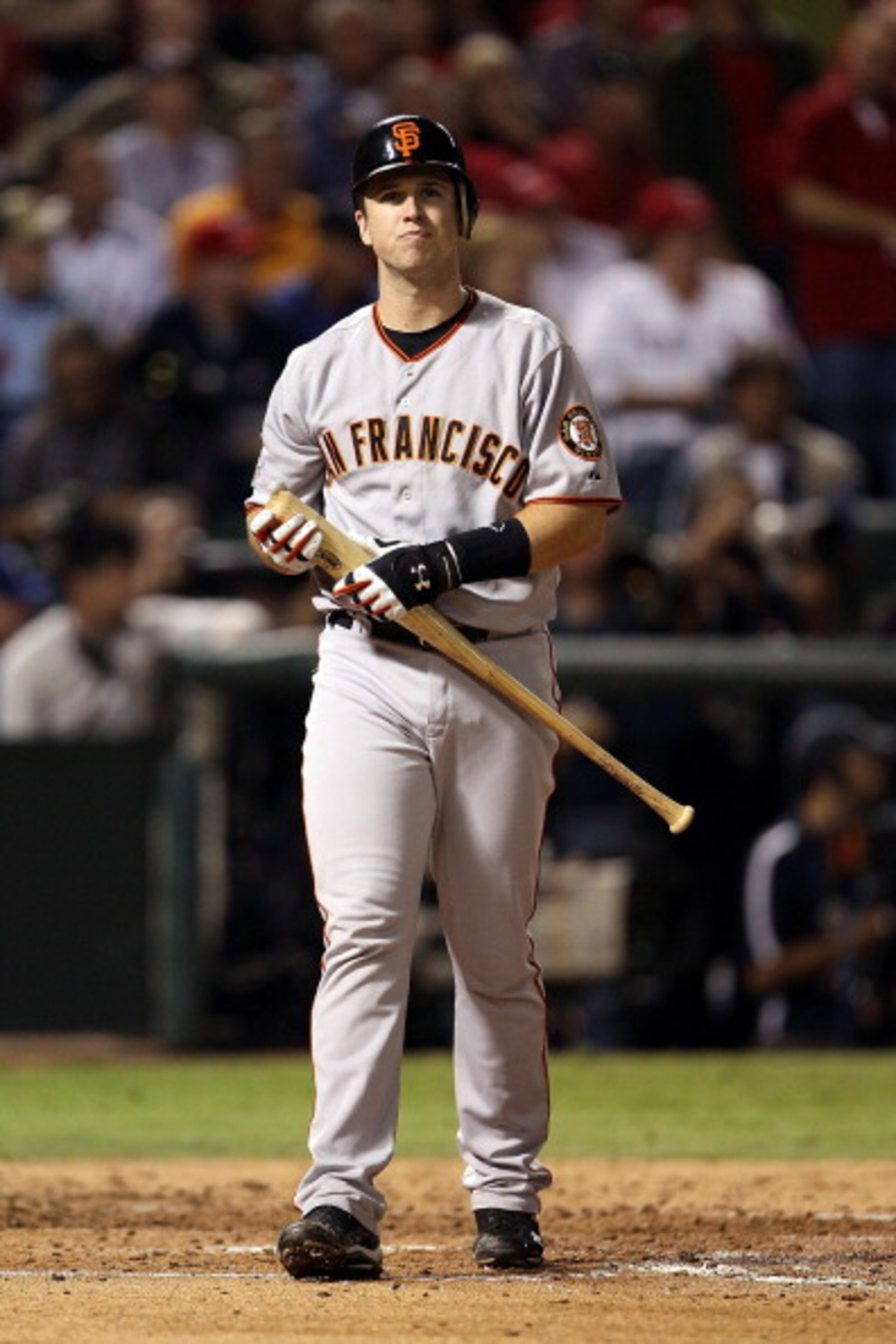 ARLINGTON, TX - NOVEMBER 01: Buster Posey #28 of the San Francisco Giants looks on against the Texas Rangers in Game Five of the 2010 MLB World Series at Rangers Ballpark in Arlington on November 1, 2010 in Arlington, Texas. The Giants won 3-1. (Photo by ARLINGTON, TX - NOVEMBER 01: Buster Posey #28 of the San Francisco Giants looks on against the Texas Rangers in Game Five of the 2010 MLB World Series at Rangers Ballpark in Arlington on November 1, 2010 in Arlington, Texas. The Giants won 3-1. (Photo by