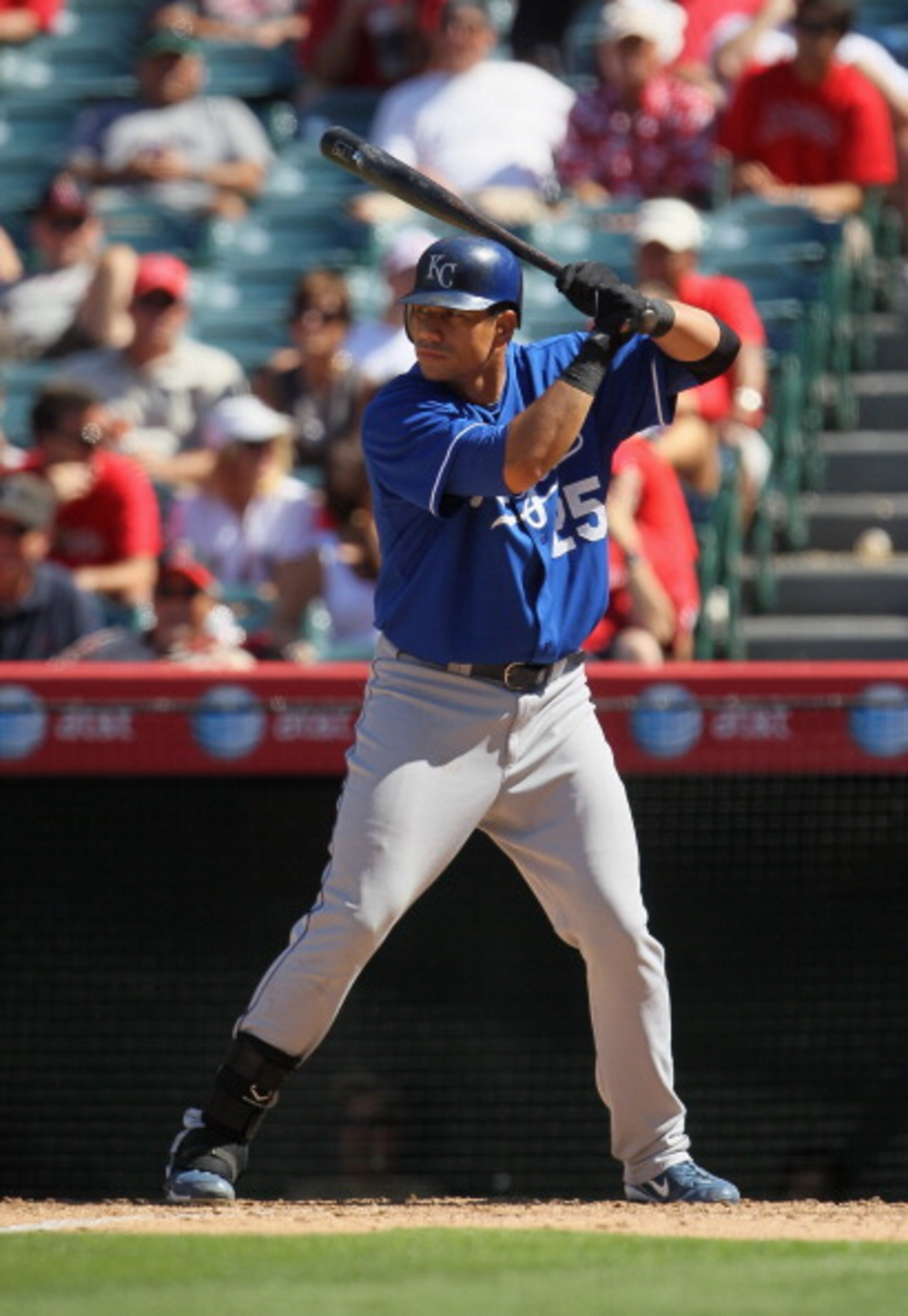 ANAHEIM, CA - AUGUST 11:  Kila Ka'aihue #25 of the Kansas City Royals bats against the Los Angeles Angels of Anaheim at Angel Stadium on August 11, 2010 in Anaheim, California.  (Photo by Jeff Gross/Getty Images)