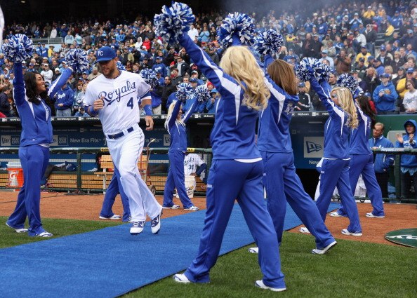 KANSAS CITY, MO - MARCH 31:  Outfielder Alex Gordon #4 of the Kansas City Royals in introduced prior to the start of the opening day game against the Los Angeles Angels of Anaheim at Kauffman Stadium on March 31, 2011 in Kansas City, Missouri.  (Photo by