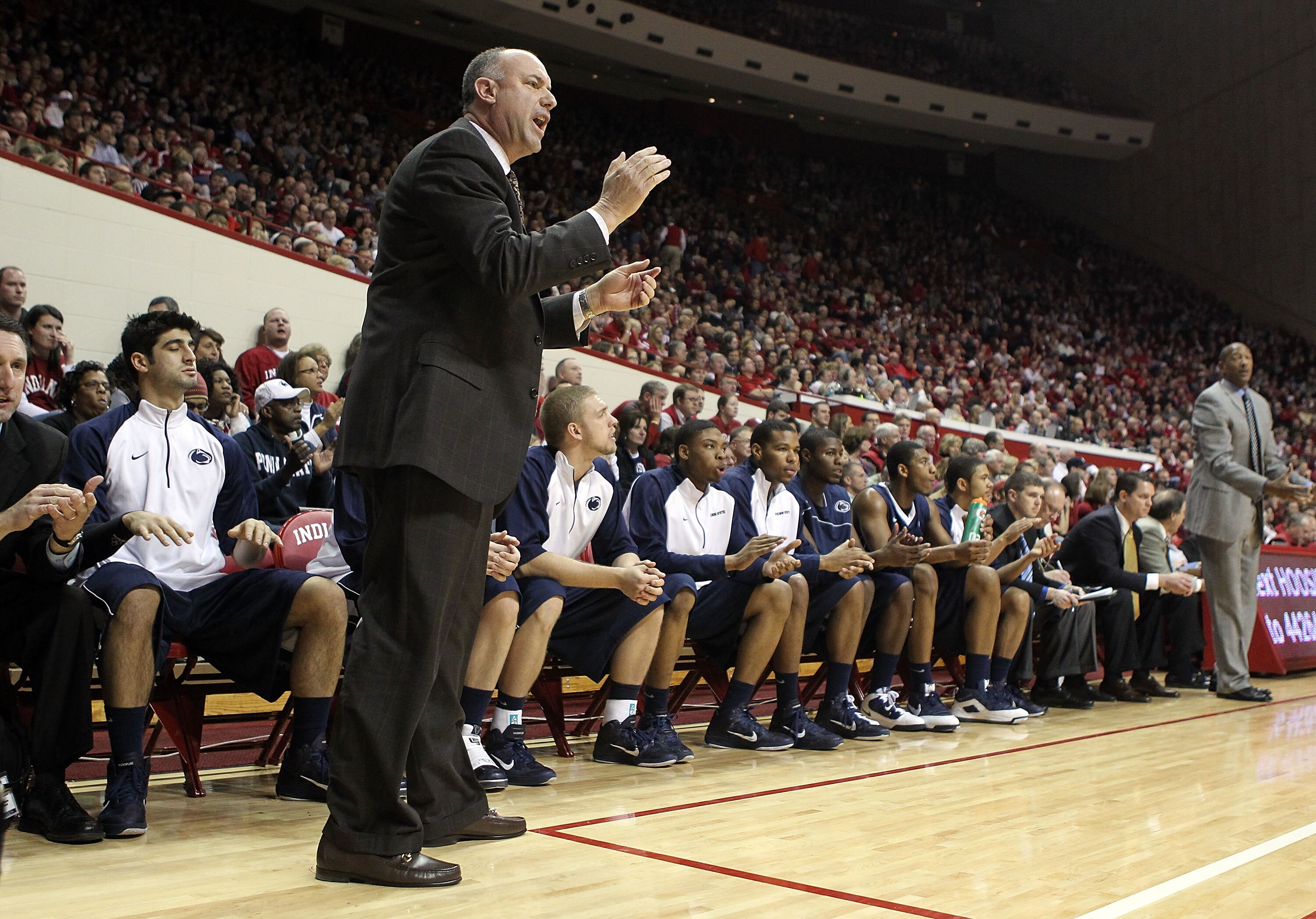 BLOOMINGTON, IN - DECEMBER 27:  Ed DeChellis the Head Coach of the Penn State Nittany Lions gives instructions to his team during the Big Ten Conference game against the Indiana Hoosiers on December 27, 2010 at Assembly Hall in Bloomington, Indiana.  (Pho