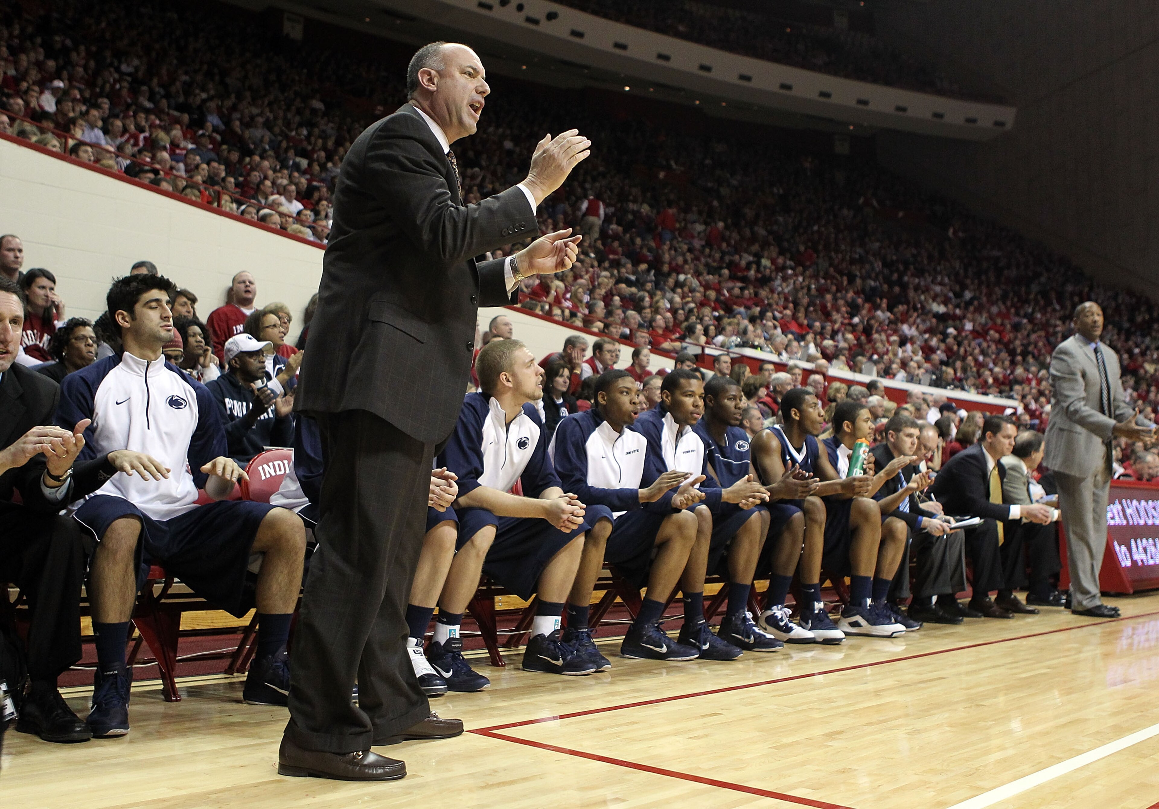BLOOMINGTON, IN - DECEMBER 27:  Ed DeChellis the Head Coach of the Penn State Nittany Lions gives instructions to his team during the Big Ten Conference game against the Indiana Hoosiers on December 27, 2010 at Assembly Hall in Bloomington, Indiana.  (Pho