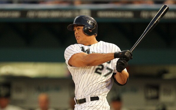 MIAMI GARDENS, FL - APRIL 01: Mike Stanton #27 of the Florida Marlins gets the first Marlins hit of the year, a double, during opening day against the New York Mets at Sun Life Stadium on April 1, 2011 in Miami Gardens, Florida.  (Photo by Mike Ehrmann/Ge
