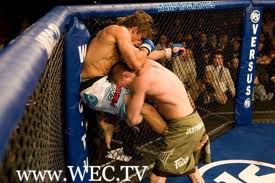 Urijah Faber avoiding a takedown and landing a knee in the process