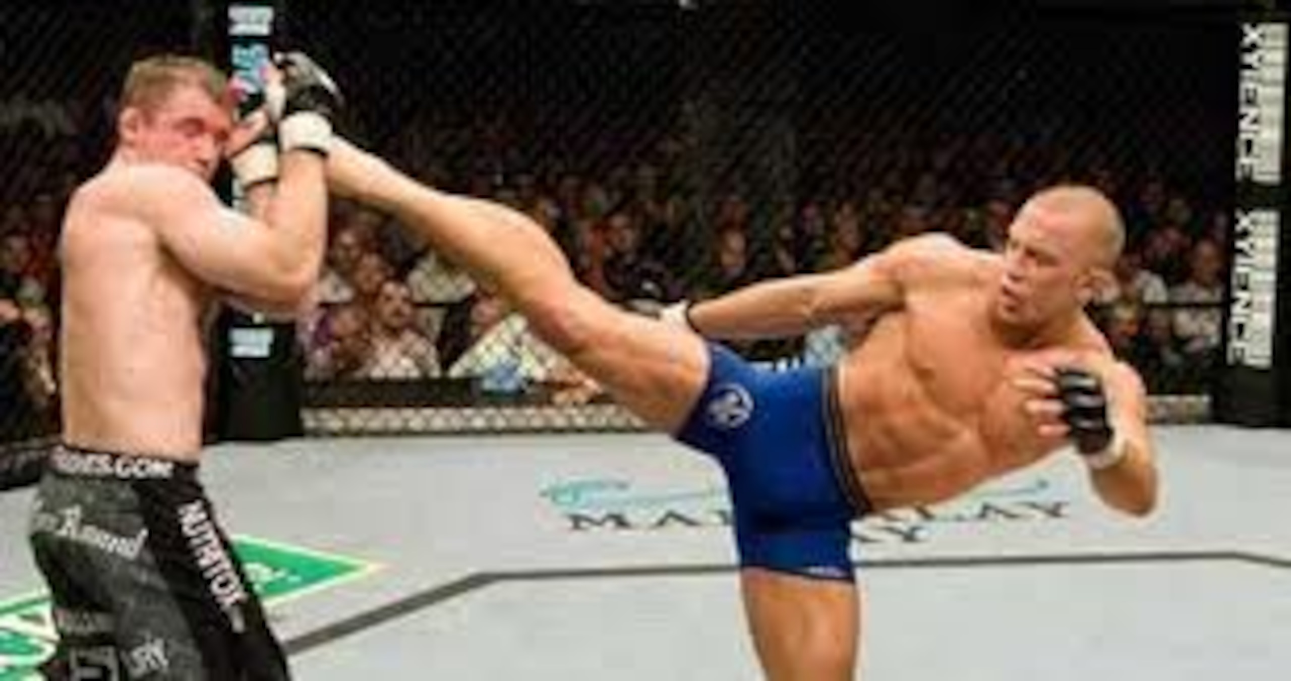 GSP delivering a brutal head kick to Matt Hughes GSP delivering a brutal head kick to Matt Hughes