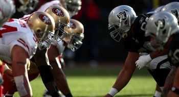 OAKLAND, CA - AUGUST 28:  Members of the Oakland Raiders line up against the San Francisco 49ers during an NFL preseason game at Oakland-Alameda County Coliseum on August 28, 2010 in Oakland, California. (Photo by Jed Jacobsohn/Getty Images)