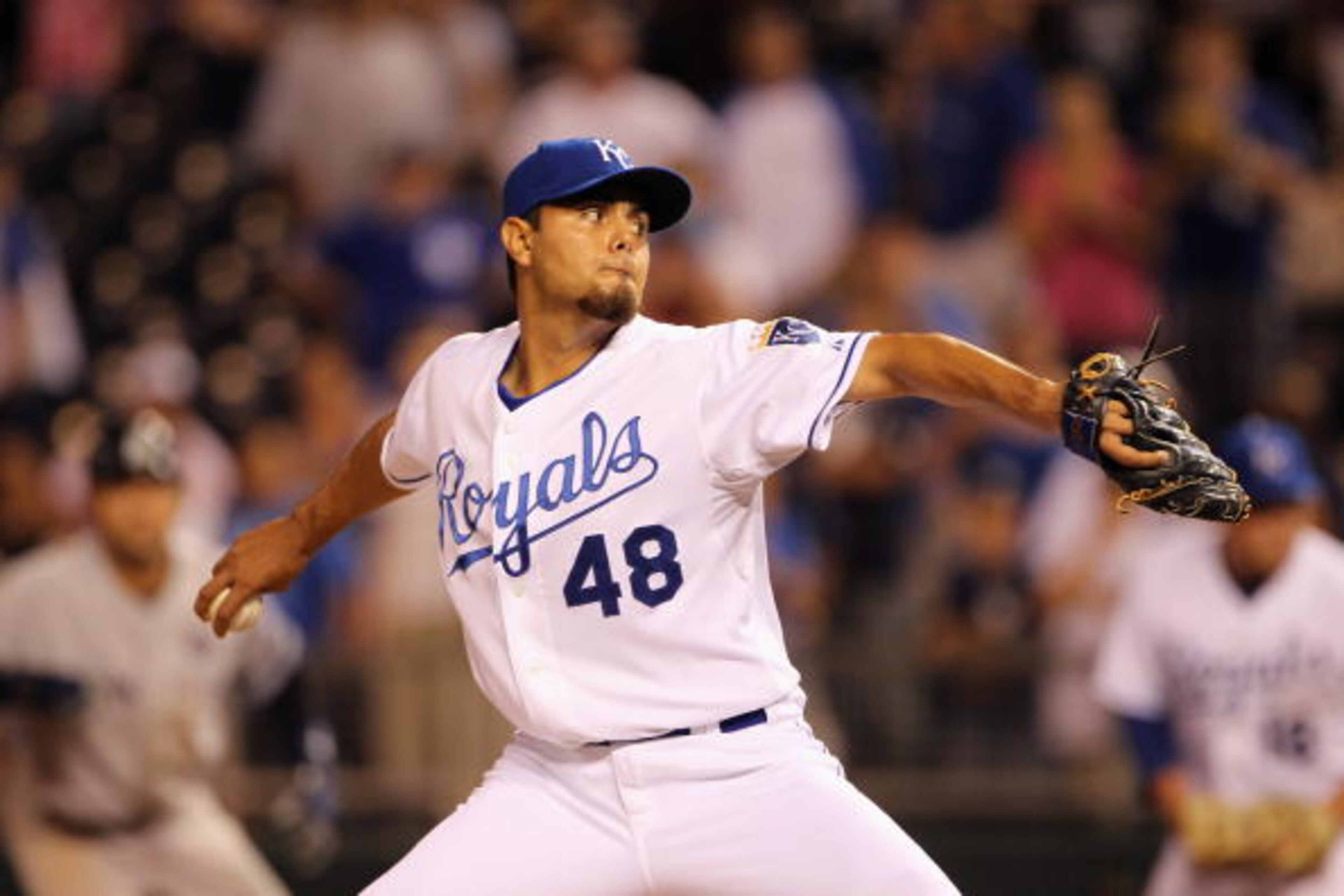 KANSAS CITY, MO - AUGUST 13: Pitcher Joakim Soria #48 of the Kansas City Royals pitches during the game against the New York Yankees on August 13, 2010 at Kauffman Stadium in Kansas City, Missouri. (Photo by Jamie Squire/Getty Images) KANSAS CITY, MO - AUGUST 13: Pitcher Joakim Soria #48 of the Kansas City Royals pitches during the game against the New York Yankees on August 13, 2010 at Kauffman Stadium in Kansas City, Missouri. (Photo by Jamie Squire/Getty Images)