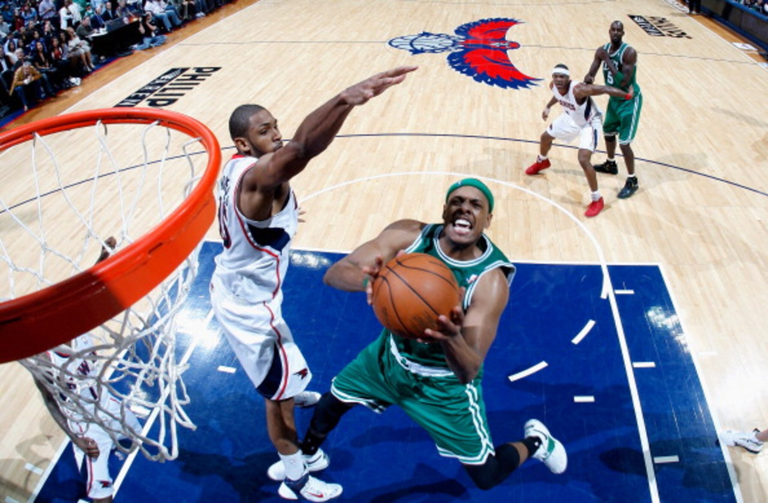 ATLANTA, GA - APRIL 01: Paul Pierce #34 of the Boston Celtics shoots against Al Horford #15 of the Atlanta Hawks at Philips Arena on April 1, 2011 in Atlanta, Georgia. NOTE TO USER: User expressly acknowledges and agrees that, by downloading and/or usin ATLANTA, GA - APRIL 01: Paul Pierce #34 of the Boston Celtics shoots against Al Horford #15 of the Atlanta Hawks at Philips Arena on April 1, 2011 in Atlanta, Georgia. NOTE TO USER: User expressly acknowledges and agrees that, by downloading and/or usin