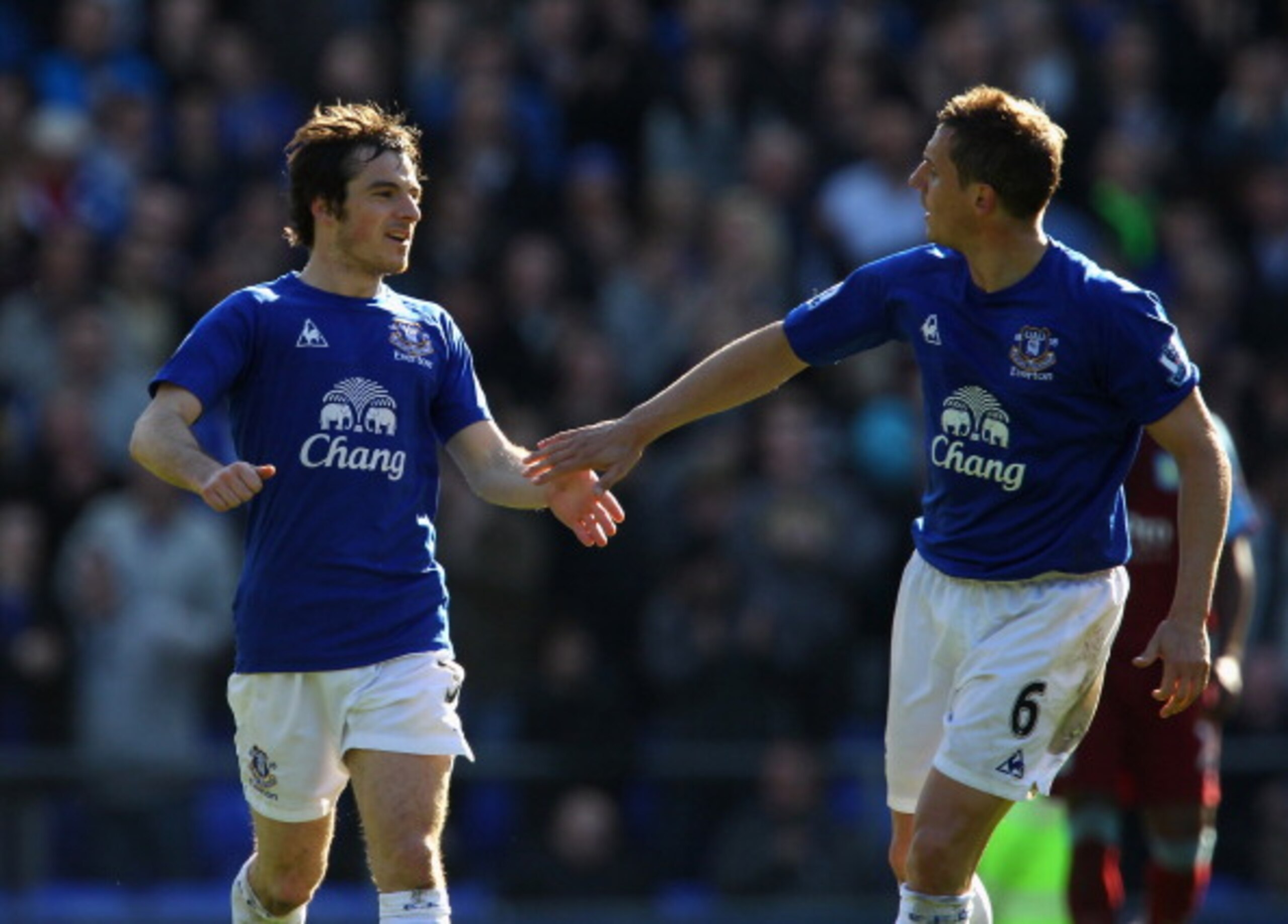 LIVERPOOL, ENGLAND - APRIL 02: Leighton Baines of Everton celebrates with Phil Jagielka after scoring the equalising goal during the Barclays Premier League match between Everton and Aston Villa at Goodison Park on April 2, 2011 in Liverpool, England. ( LIVERPOOL, ENGLAND - APRIL 02: Leighton Baines of Everton celebrates with Phil Jagielka after scoring the equalising goal during the Barclays Premier League match between Everton and Aston Villa at Goodison Park on April 2, 2011 in Liverpool, England. (