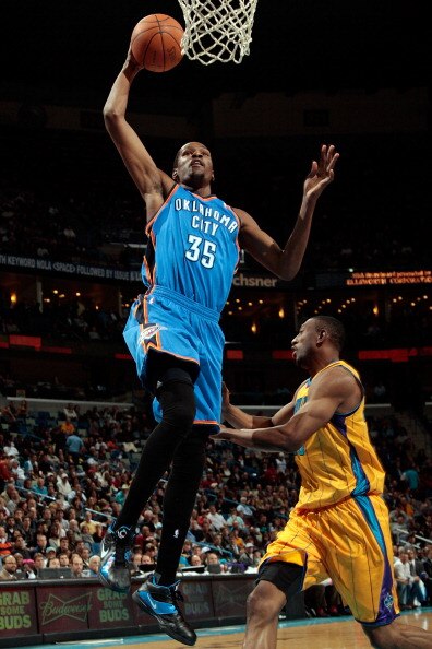 NEW ORLEANS, LA - DECEMBER 10:  Kevin Durant #35 of the Oklahoma City Thunder dunks the ball over D.J. Mbenga #28 of the New Orleans Hornets  at New Orleans Arena on December 10, 2010 in New Orleans, Louisiana.    The Thunder defeated the Hornets 97-92.