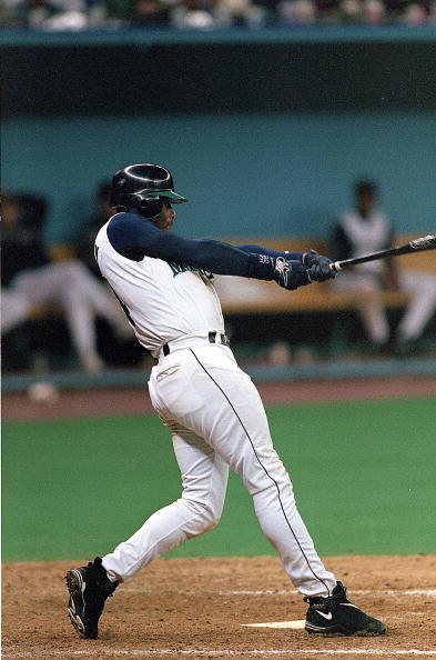 2 Oct 1997:  Ken Griffey Jr. #24 of the Seattle Mariners swings at the ball during the game against the Baltimore Orioles at the Kingdome in Seattle, Washington. The Orioles defeated the Mariners 9-3. Mandatory Credit: Todd Warshaw  /Allsport