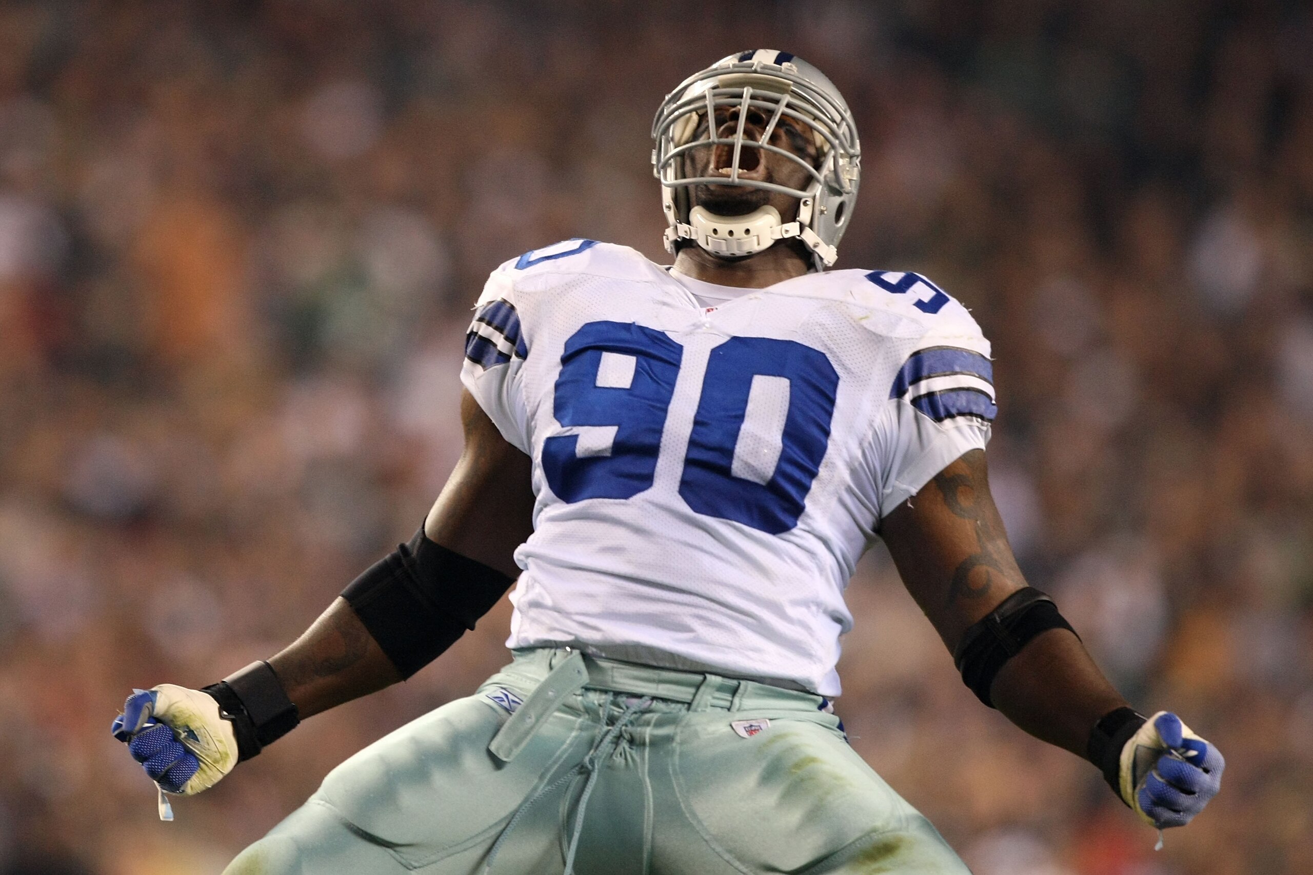 PHILADELPHIA - NOVEMBER 08:  Jay Ratliff #90 of the Dallas Cowboys reacts after he sacked Donovan McNabb #5 of the Philadelphia Eagles at Lincoln Financial Field on November 8, 2009 in Philadelphia, Pennsylvania.  (Photo by Al Bello/Getty Images)