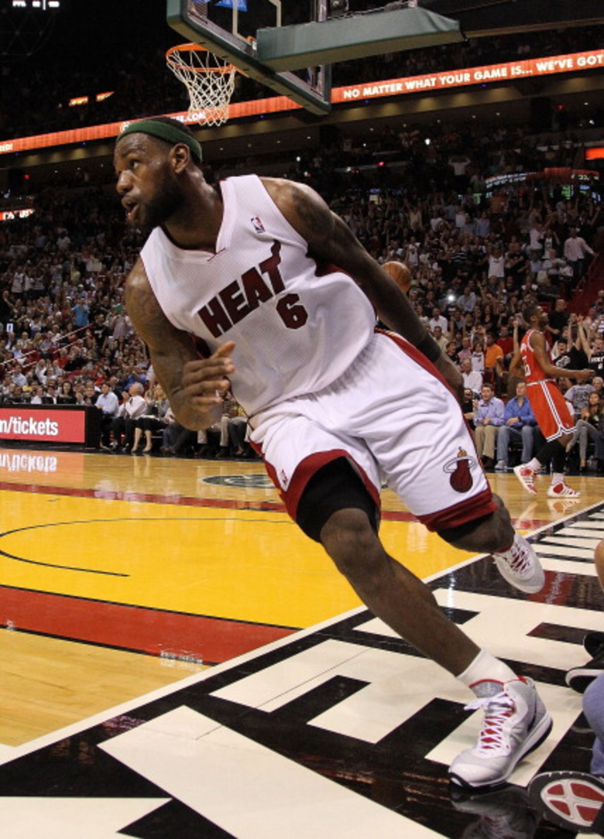 MIAMI, FL - APRIL 06:  LeBron James #6 of the Miami Heat runs up the court during a game against the Milwaukee Bucks at American Airlines Arena on April 6, 2011 in Miami, Florida. NOTE TO USER: User expressly acknowledges and agrees that, by downloading a